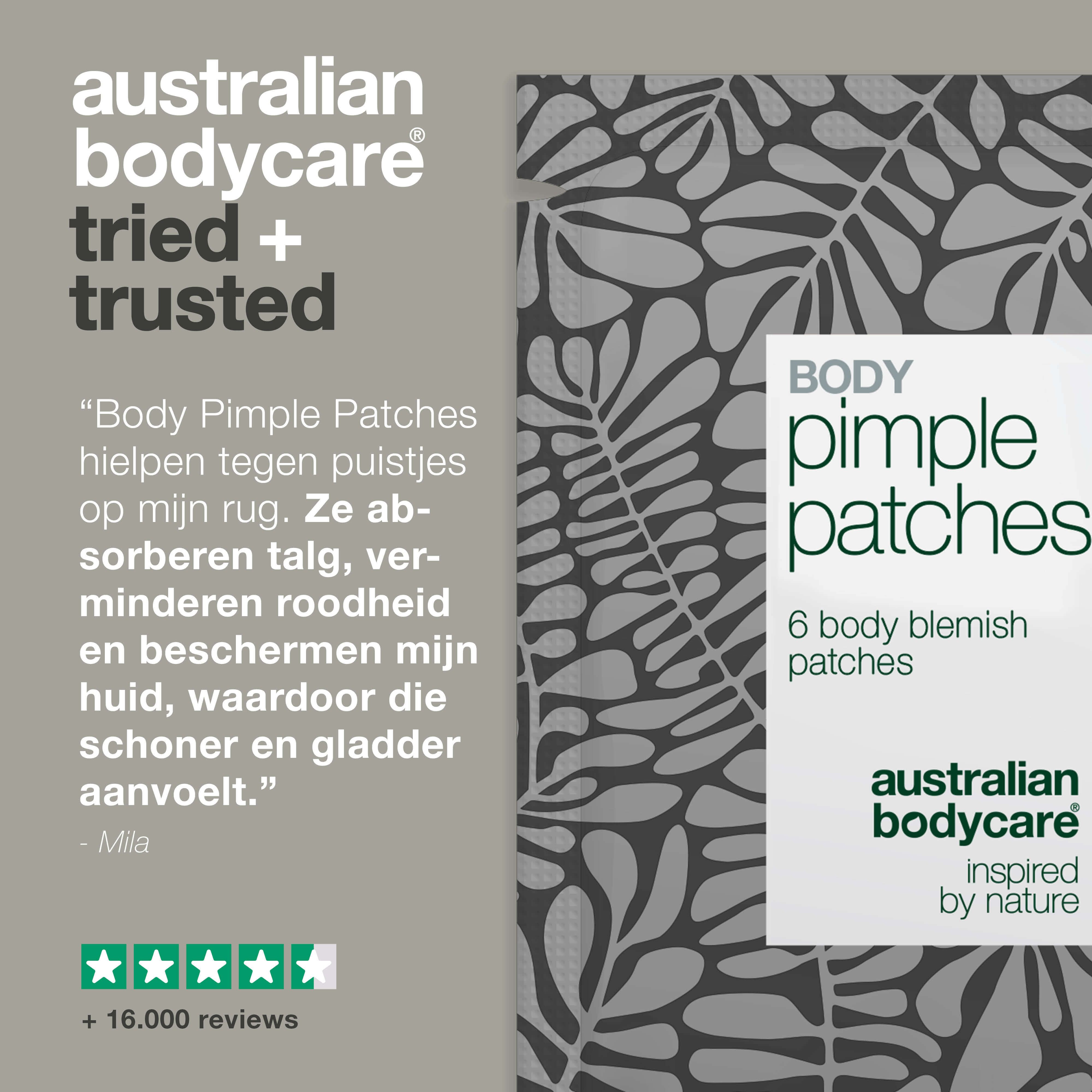 Verpakking 'Body Pimple Patches' naast citaat en beoordeling. Tekst: 'Tried + Trusted'.