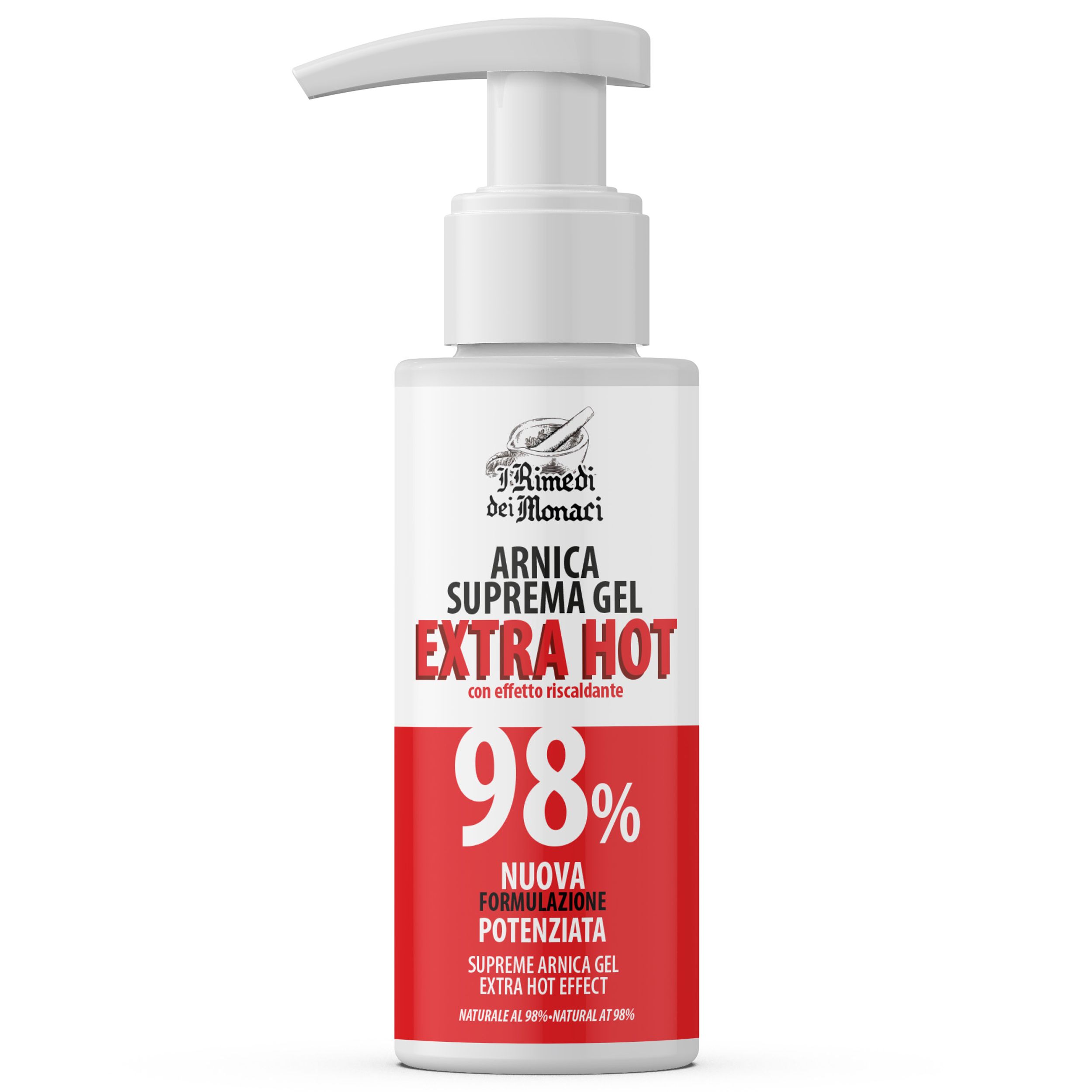 Witte pompflacon met rood etiket. Tekst: Arnica Suprema Gel Extra Hot 98%. Productinformatie.