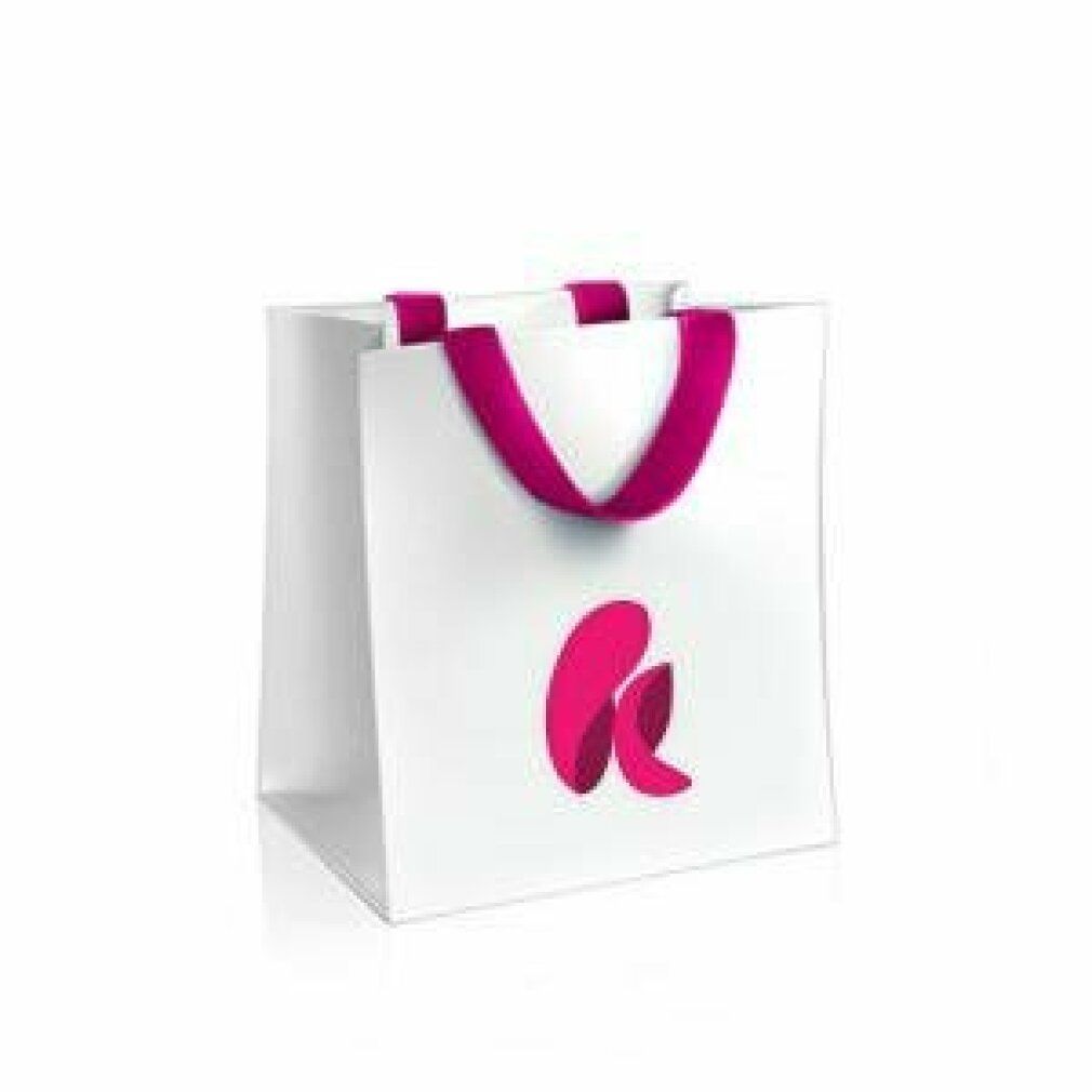 Witte papieren tas met roze handvatten en logo. Het logo is roze.
