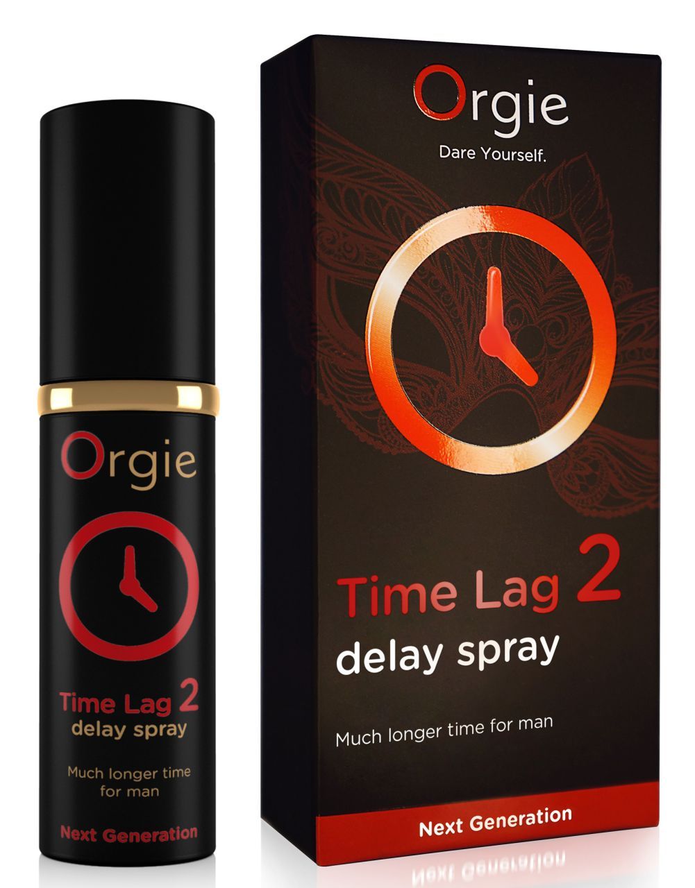 Bouteille et emballage Orgie Time Lag Delay Spray 2. Symbole horloge.