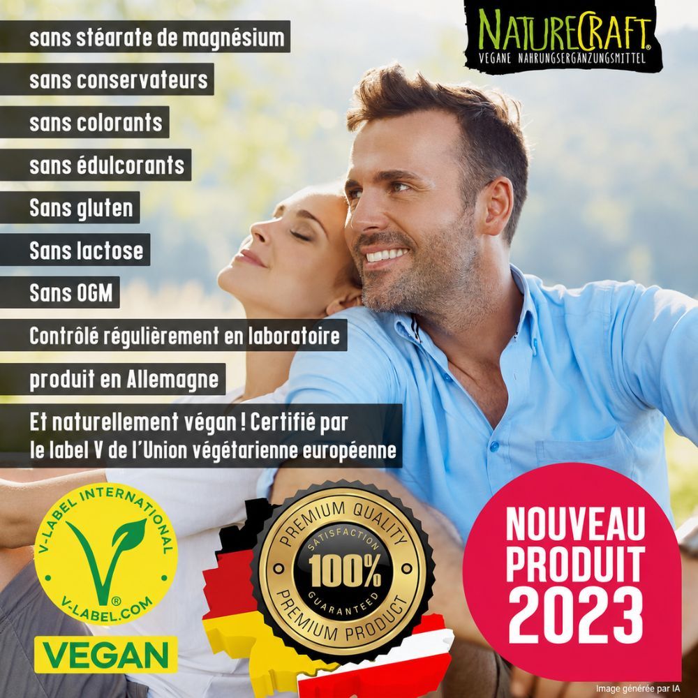 Homme et femme souriants, entourés de texte sur les ingrédients et l'origine. V-Label et sceau 'Nouveau 2023' visibles.