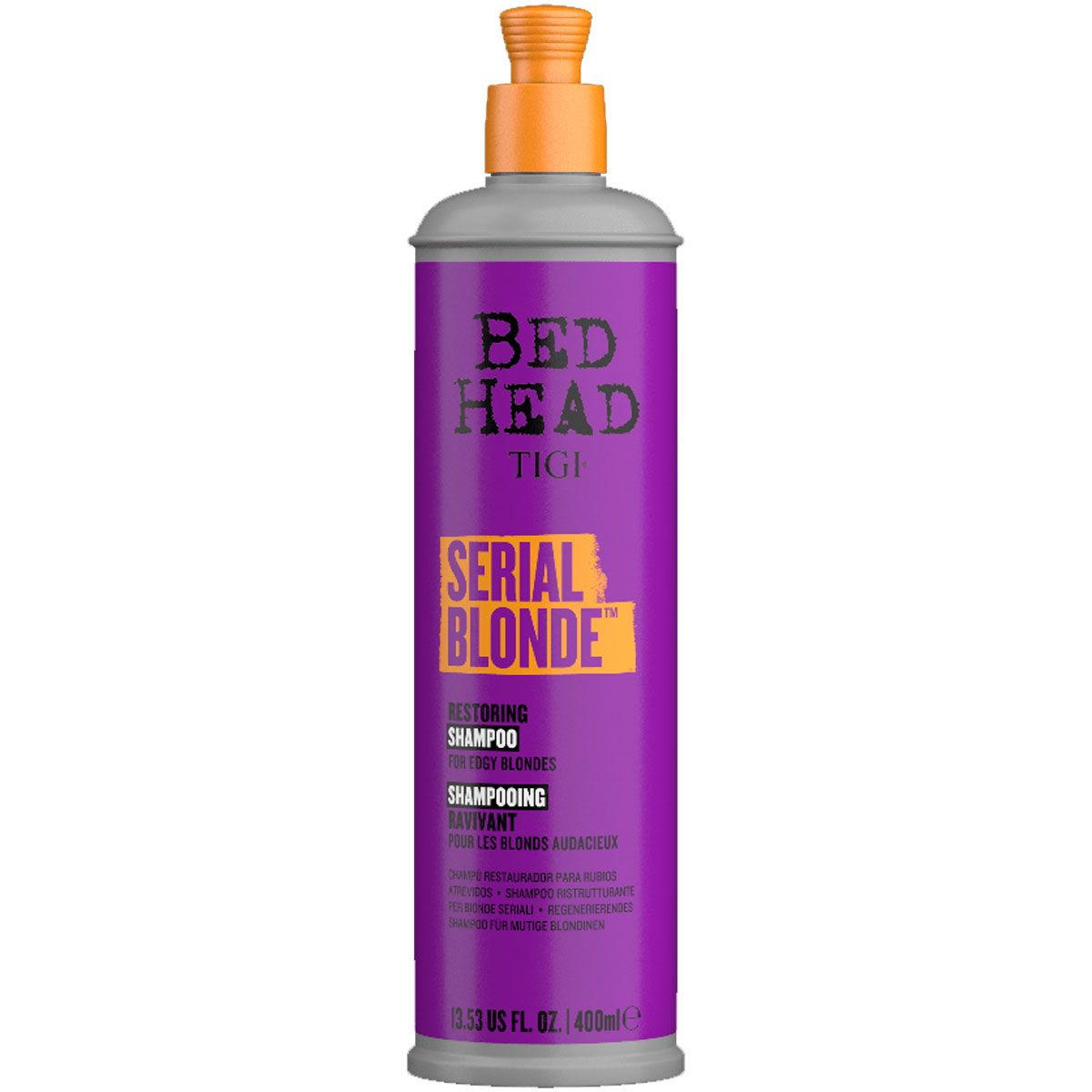 TIGI Bed Head Serial Blonde fles met pompdispenser. Paarse fles met zilveren hals en oranje pomp.