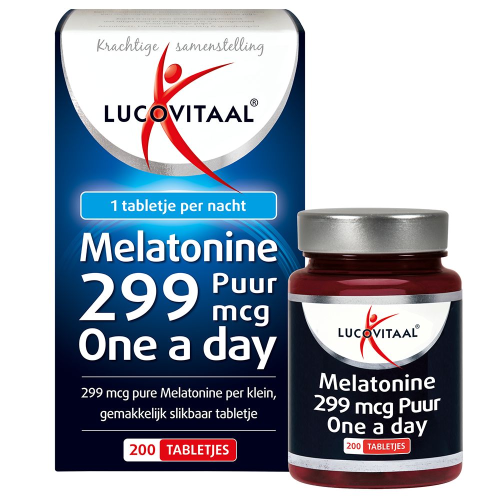 Melatonine tabletten verpakking en fles. Blauwe verpakking met logo en info. 200 tabletten.