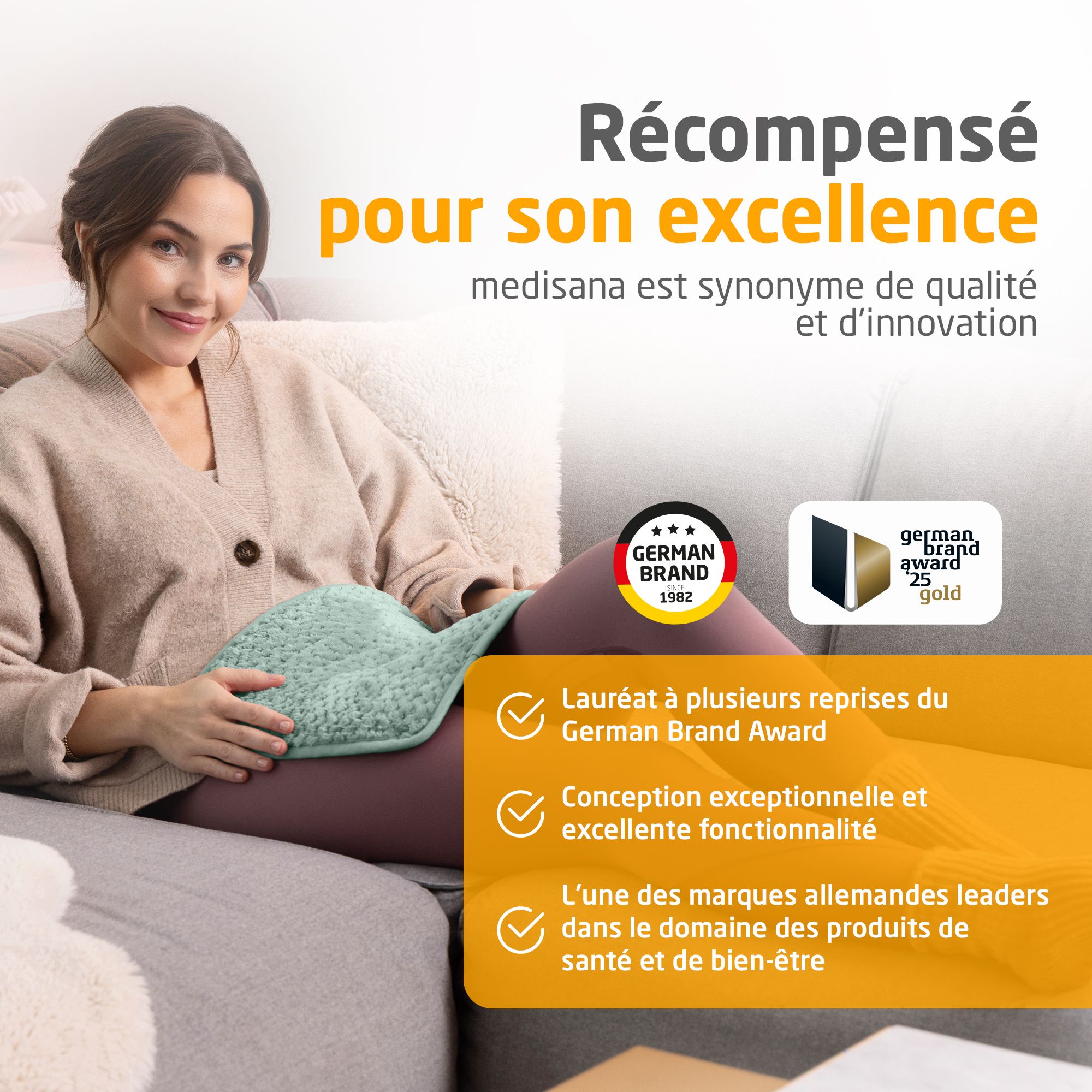 Femme avec coussin chauffant. German Brand Award. German Brand Award 25 gold. Lauréat German Brand Awards.