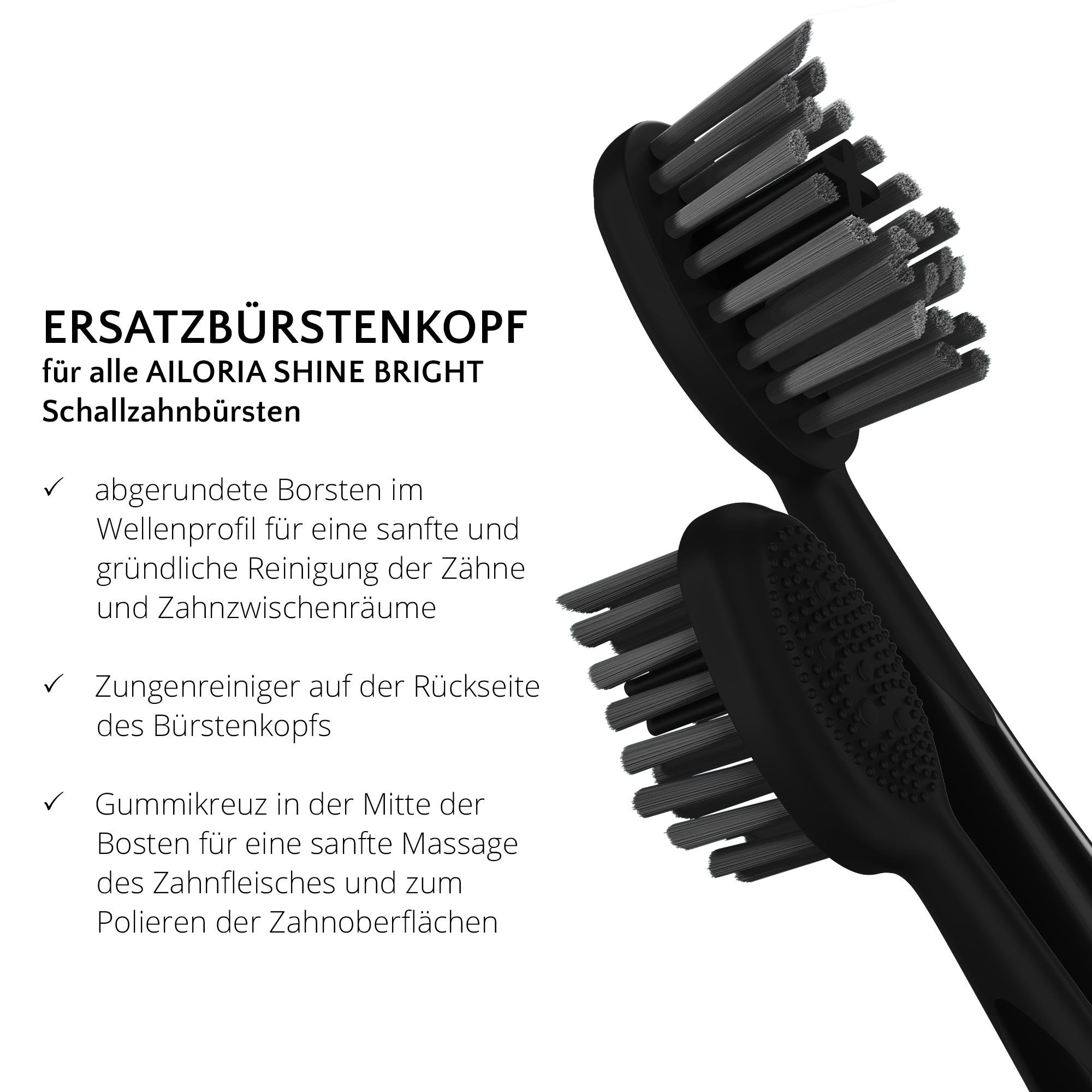 Gros plan de deux têtes de brosse noires de remplacement. Caractéristiques : poils arrondis, nettoie-langue.