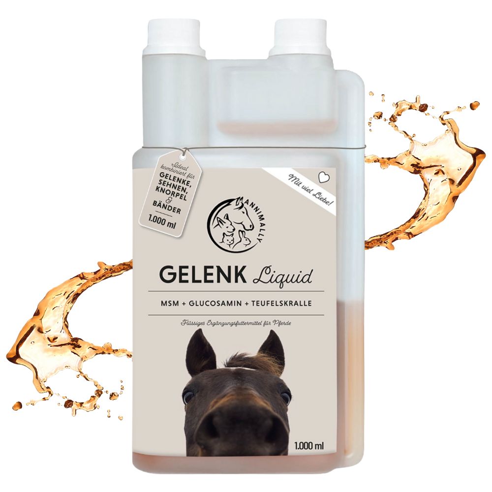 Bouteille Annimally Gelenk Liquid, 1000 ml. MSM, Glucosamine, Griffe du Diable. Complément liquide pour chevaux.