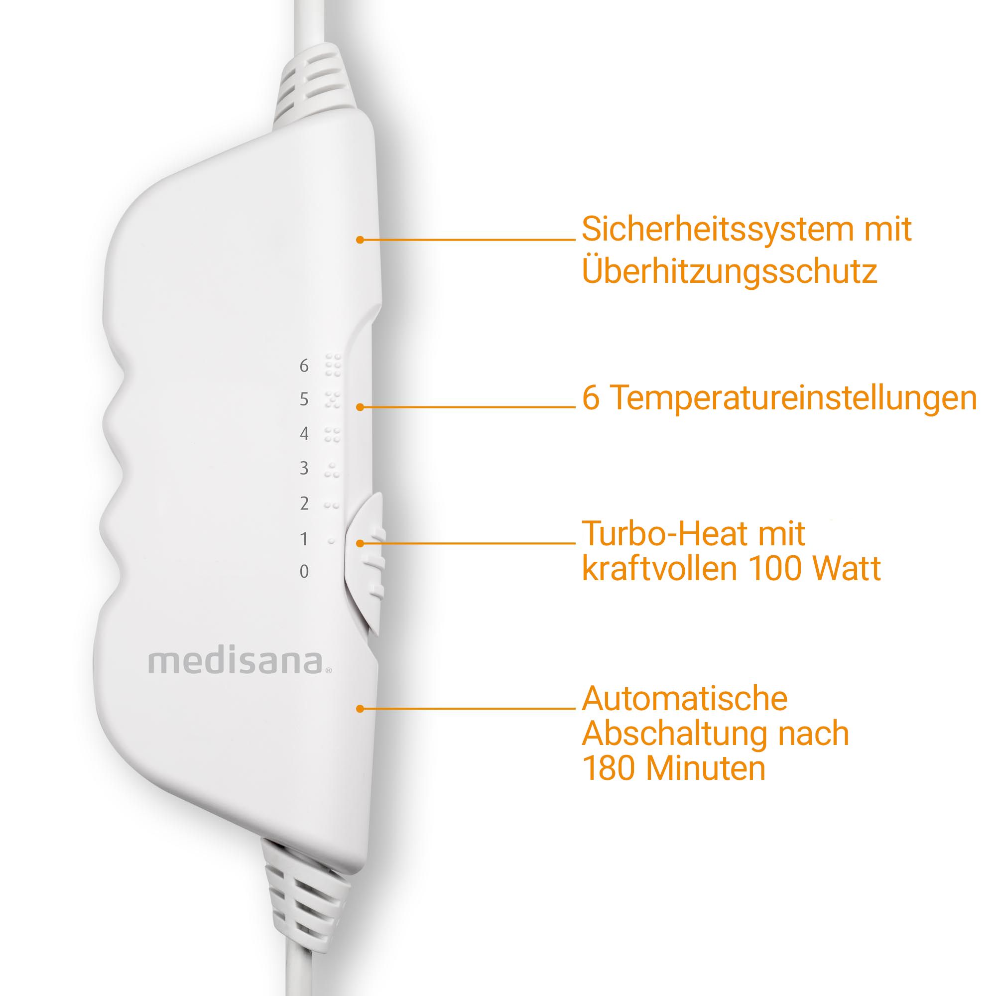 Bediening van een medisana verwarmingsdeken met 6 temperatuurinstellingen, Turbo-Heat, 100 watt en automatische uitschakeling na 180 minuten.
