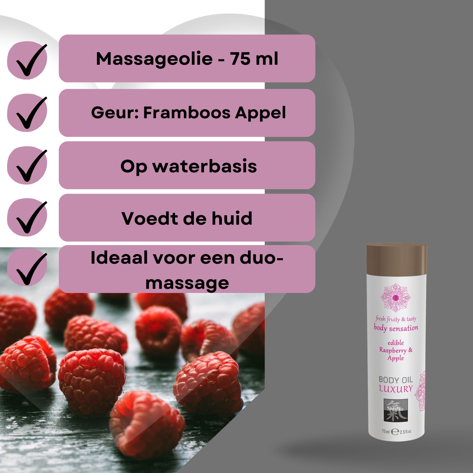 Fles Shiatsu Body Oil Luxury Framboos & Appel, 75ml, op sokkel, met frambozen.