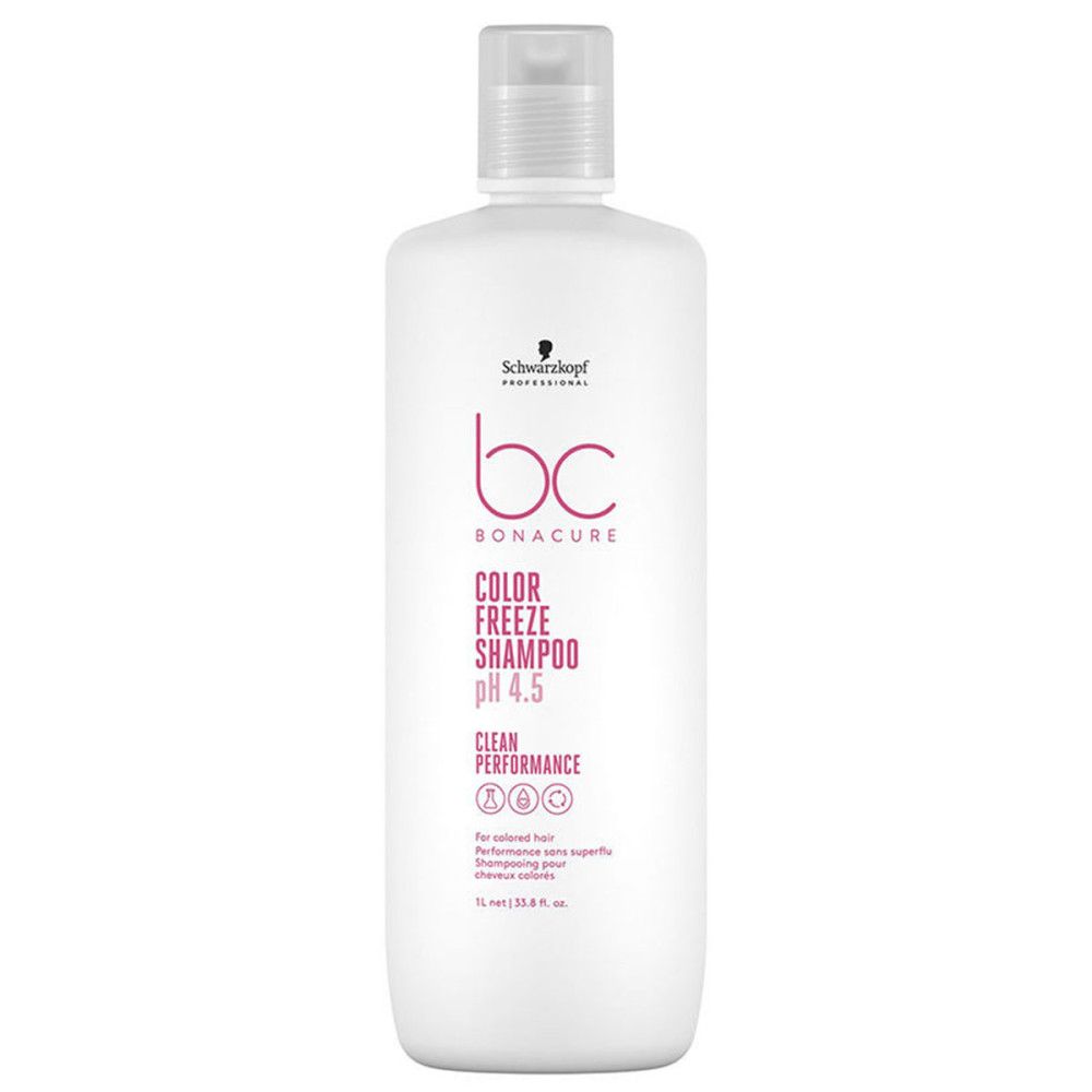 Flacon blanc avec étiquette rose. Inscription: BC Bonacure Color Freeze Shampoo pH 4.5. 1L.