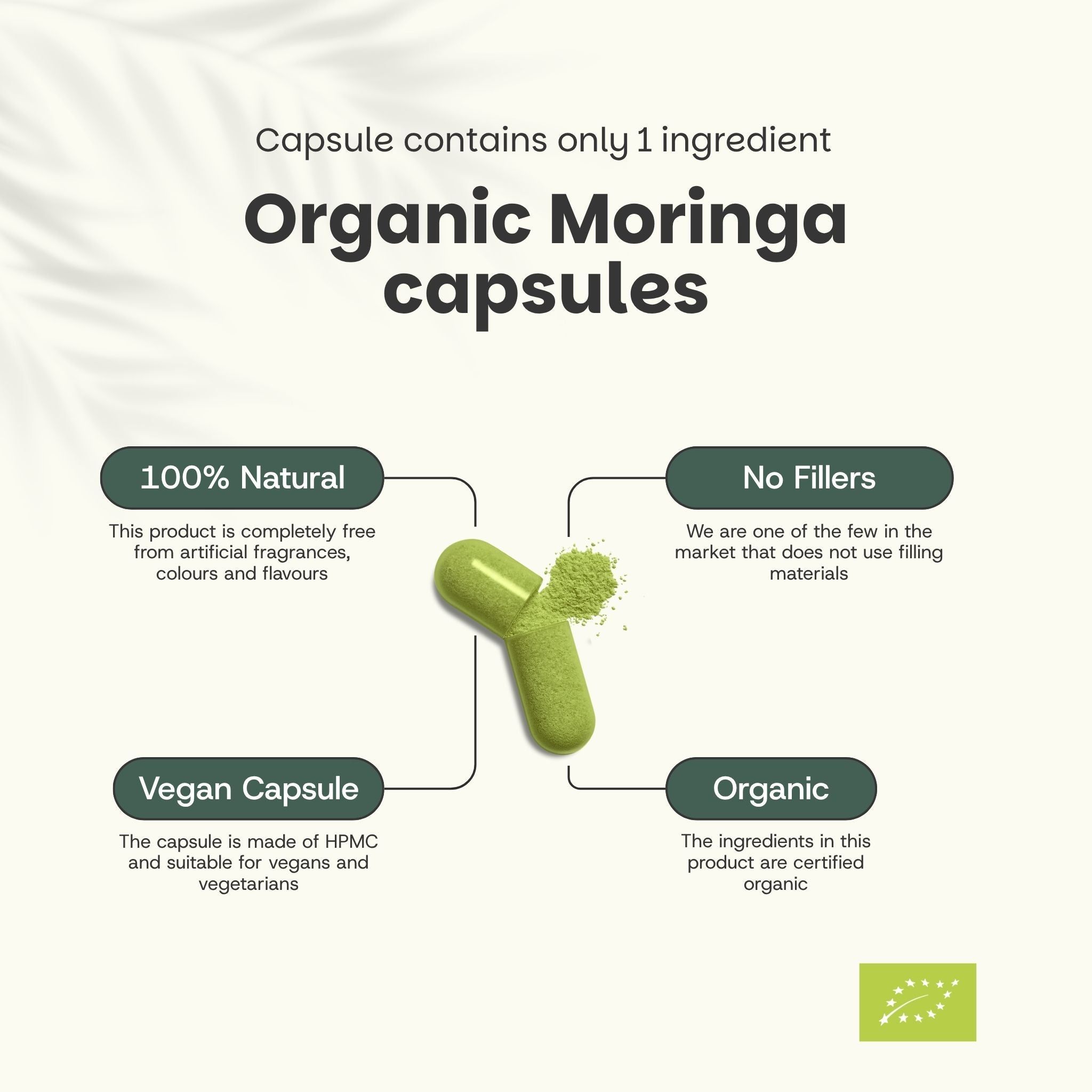 Graphique avec gélules vertes et poudre. Inscription : Gélules de moringa bio. 100% naturel, végétalien, biologique.