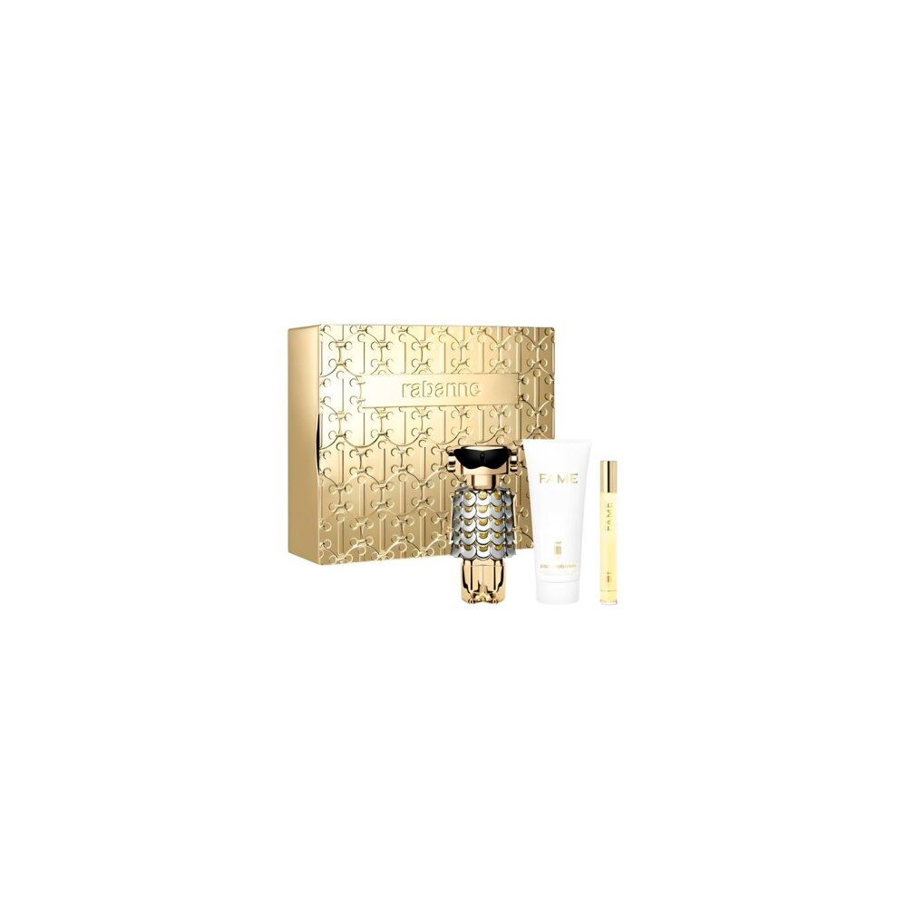 Rabanne geschenkset met parfumfles, bodylotion en kleine parfumverstuiver in gouden verpakking.