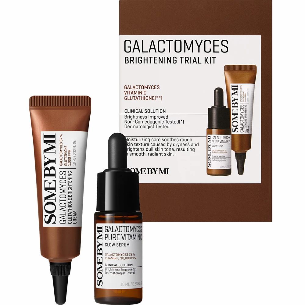 Ensemble de trois produits. Tube brun, flacon compte-gouttes et emballage avec texte. SOME BY MI Galactomyces Brightening Trial Kit.