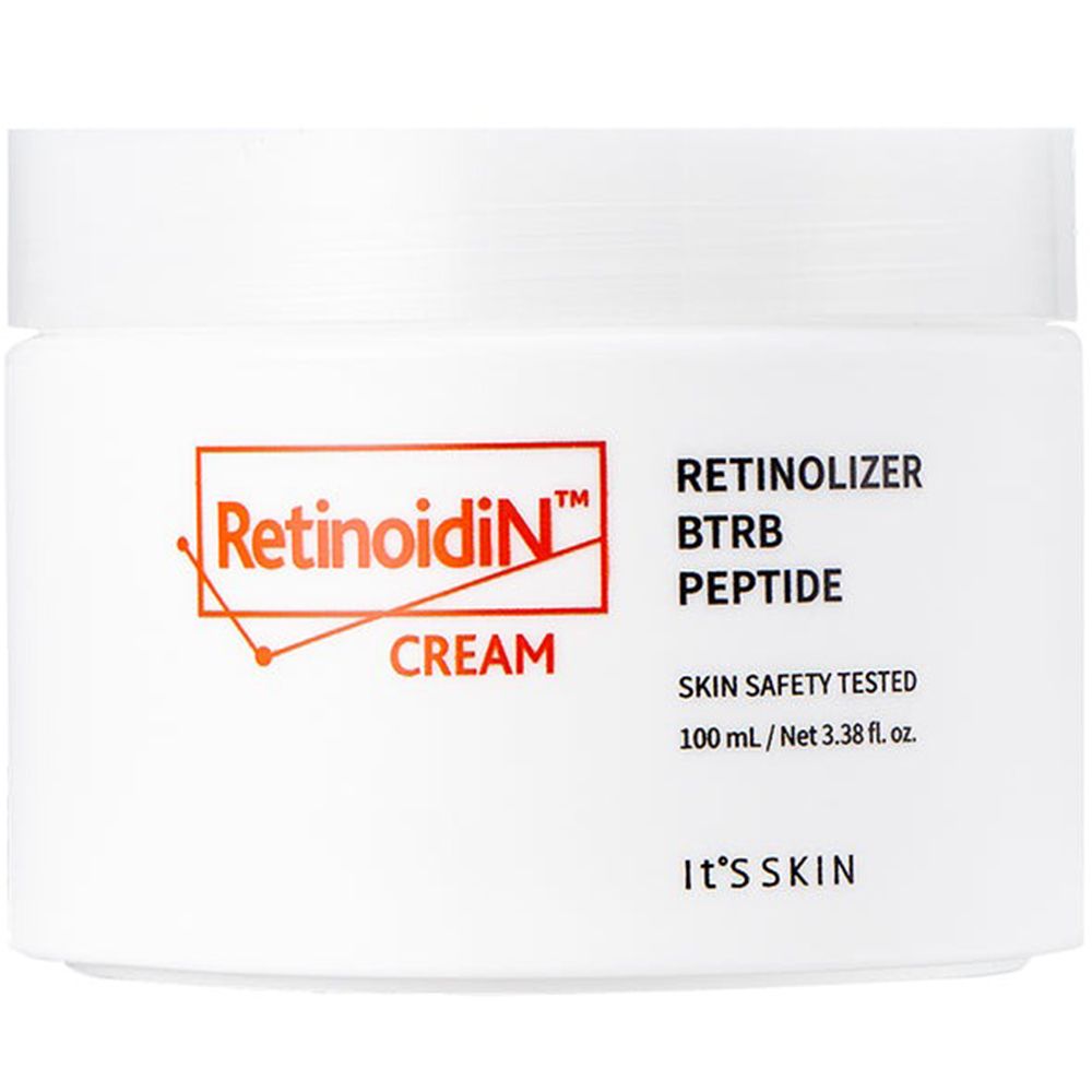 Pot blanc avec logo orange et texte Retinoidin Cream. Texte: Retinolizer BTRB Peptide, Skin Safety Tested, it's SKIN.