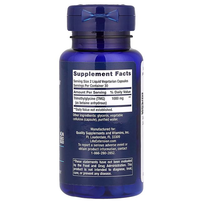 Achterkant van de Life Extension TMG Trimethylglycine 500 mg fles met voedingsfeiten.