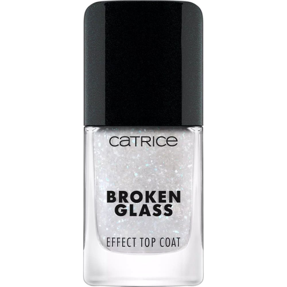 Top coat Catrice effet verre brisé. Flacon transparent, contenu blanc. Bouchon noir. Nom du produit et marque visibles.