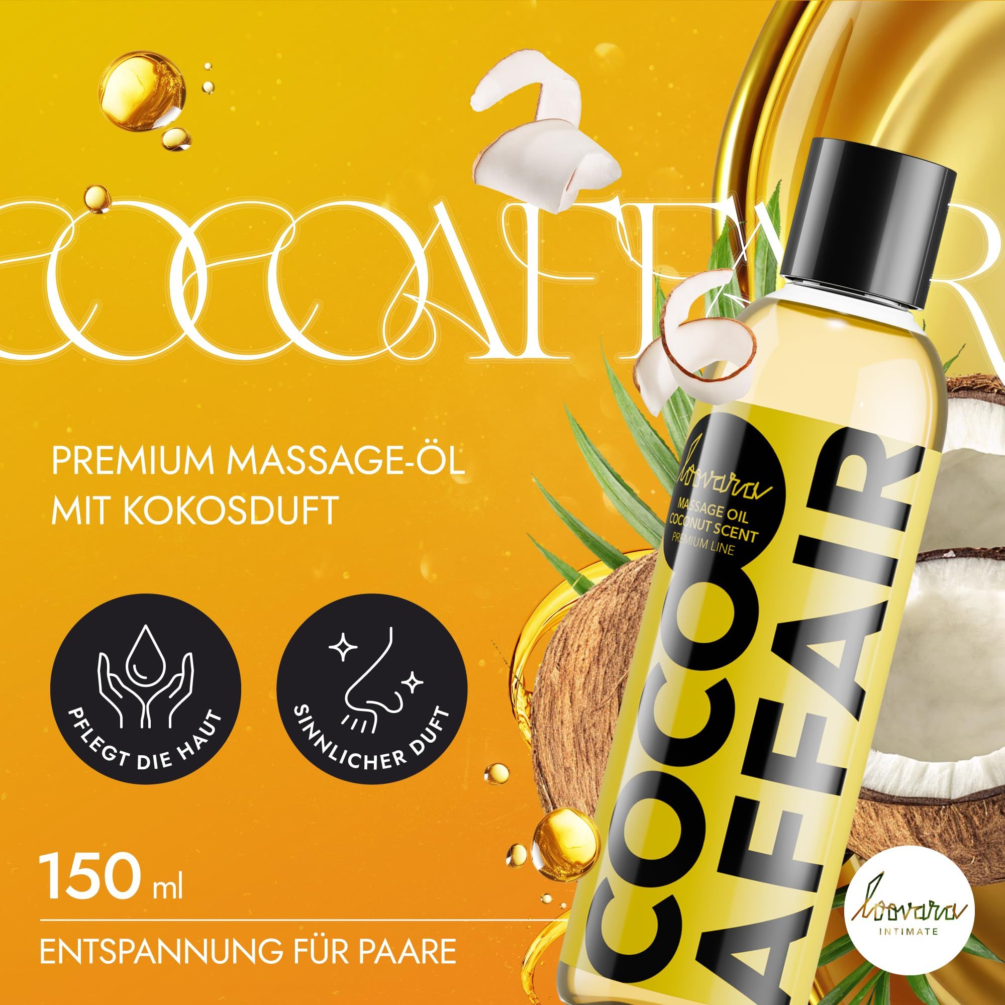 Massageolie 'Coco Affair' met kokosgeur, 100% vegan, verzorgt de huid.