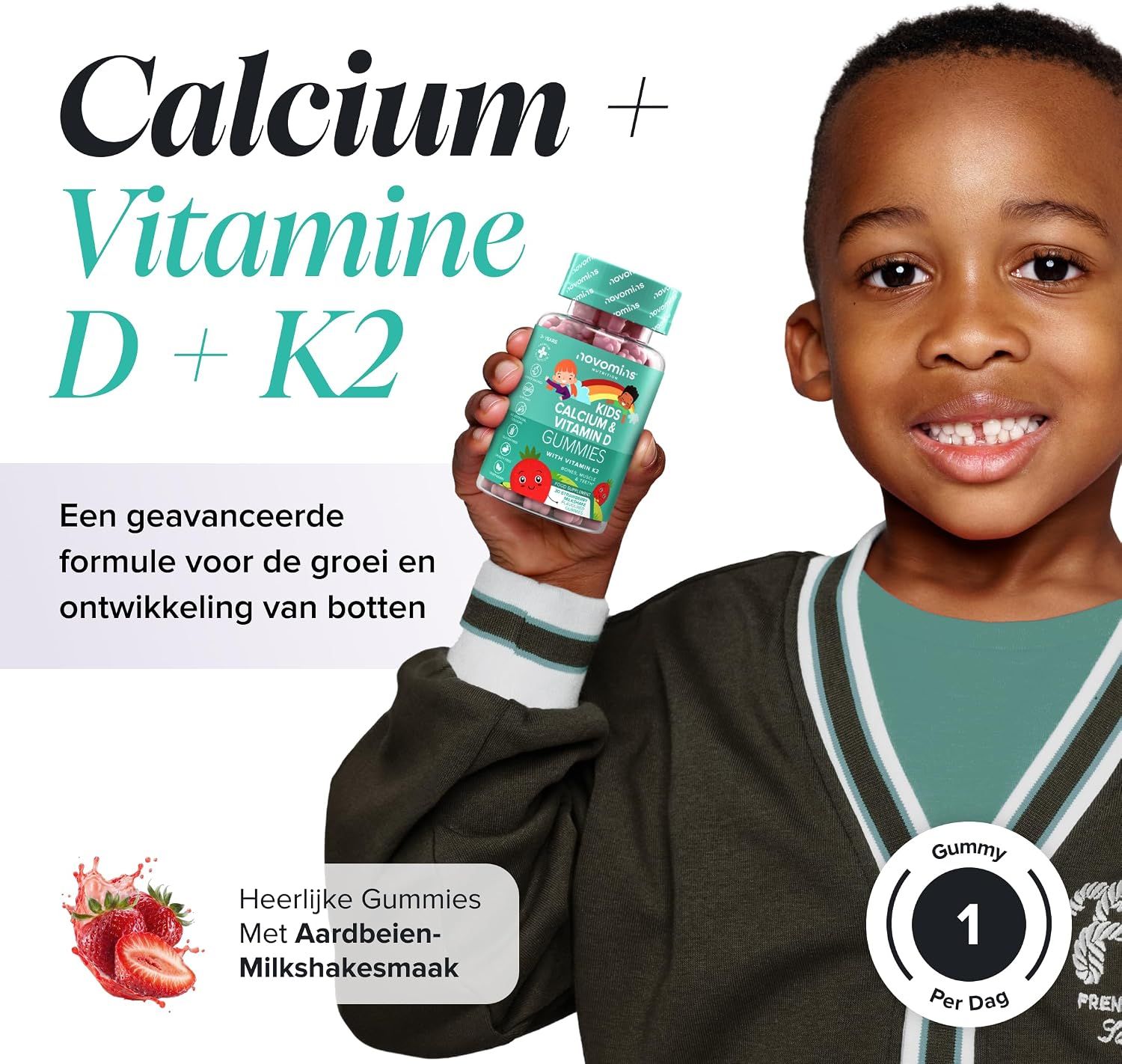 Kind houdt een fles Novomins Kids Calcium & Vitamine D Gummies vast. Formule voor botgroei.