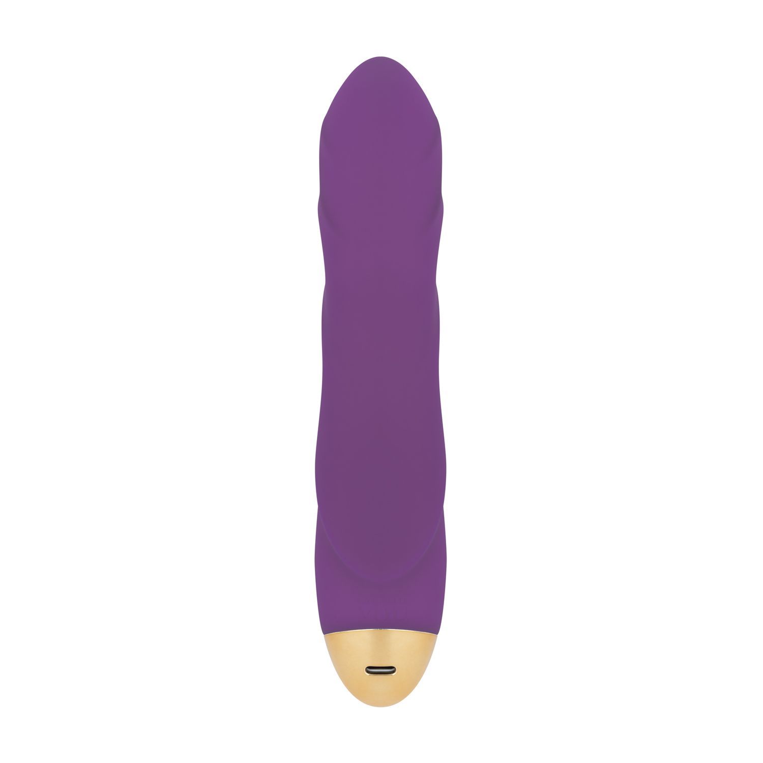 Vibrateur violet droit avec surface côtelée et base dorée.