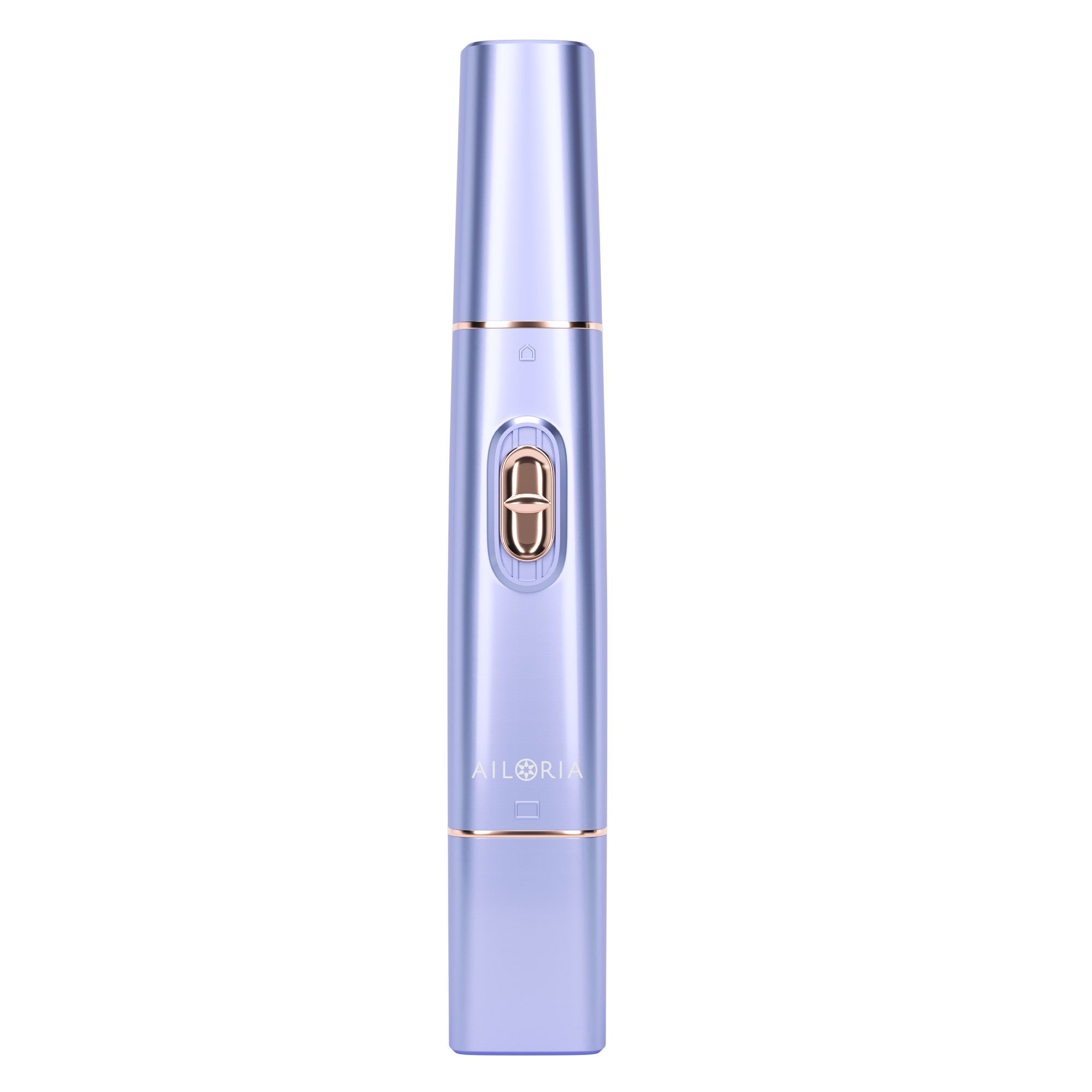 Rasoir lilas avec détails dorés. Forme cylindrique, bouton et logo AILORIA. Vue verticale.