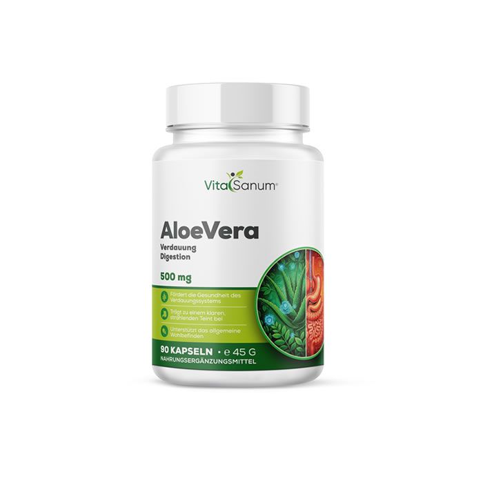 Flacon blanc avec étiquette verte et blanche. Inscription : VitaSanum Aloe Vera, 500 mg, 90 gélules. Illustration d'aloe vera et d'organes.