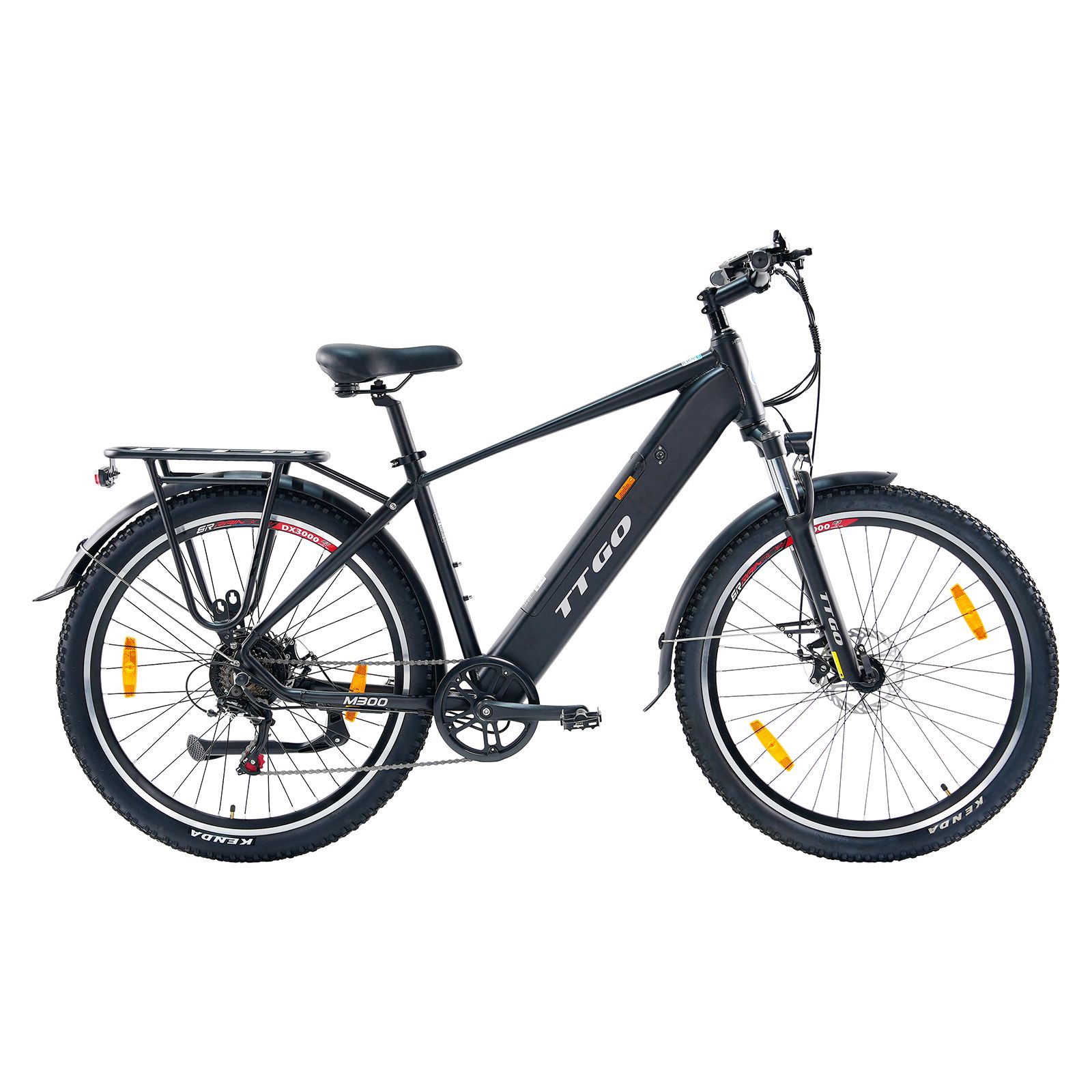 Zwarte TTGO M300 elektrische fiets. Bagagedrager, spatborden, gele reflectoren. Kenda banden.