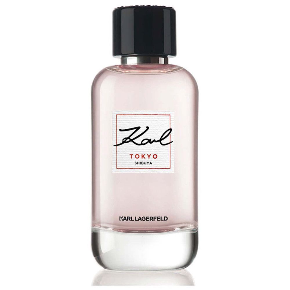 Karl Lagerfeld Kl Tokyo Femme Eau De Parfum Spray. Flacon rose, bouchon noir. Inscription Karl, Tokyo, Shibuya. Socle transparent.