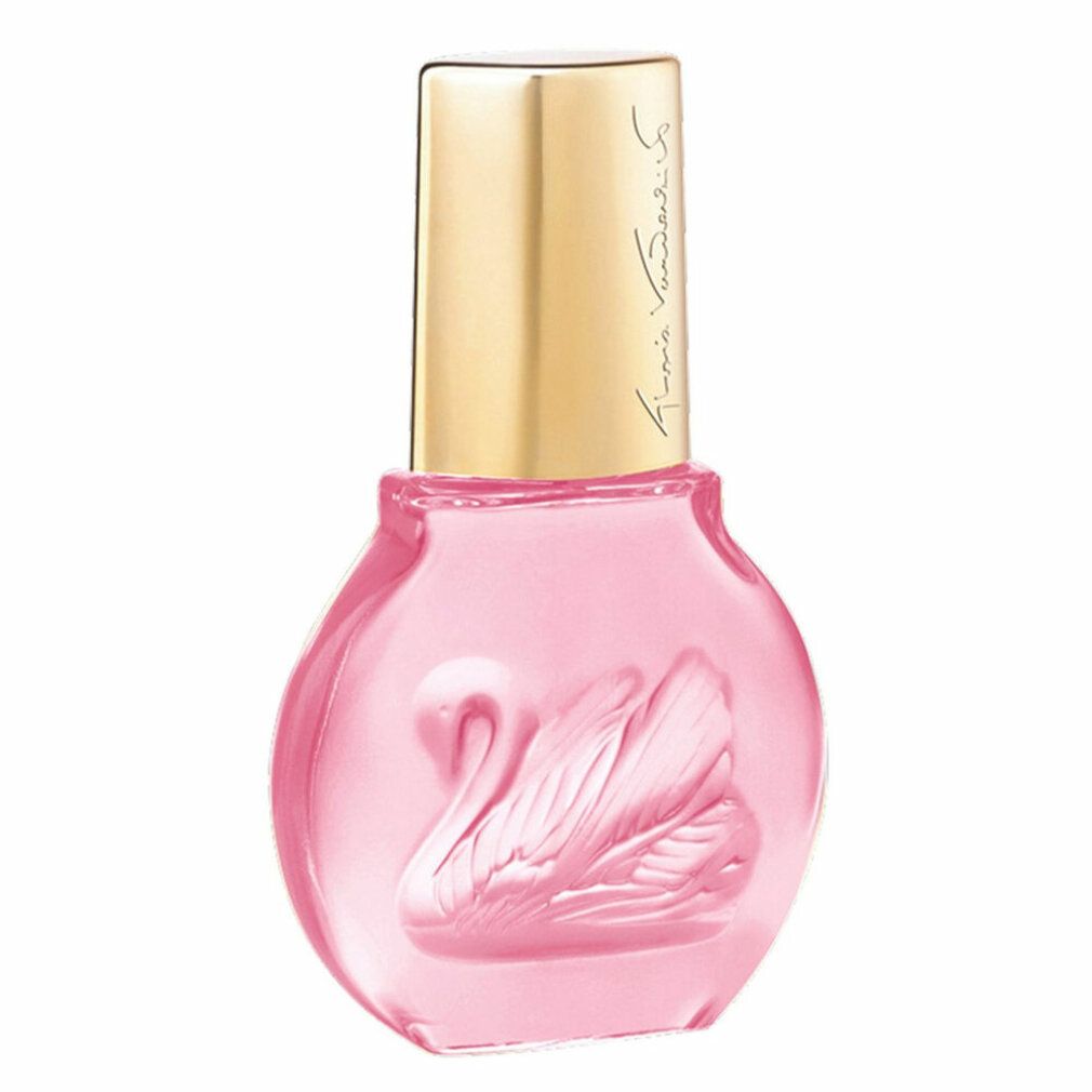 Petit flacon de parfum rose avec bouchon doré. Cygne en relief sur le flacon.