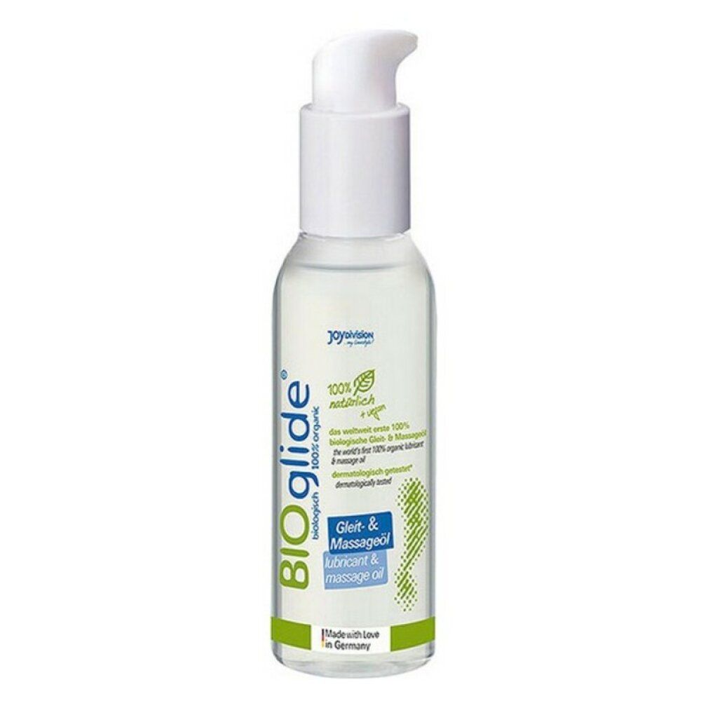 Huile de massage et lubrifiante BIOgliede biologique dans un flacon transparent avec pompe blanche. 100% naturelle et végane.