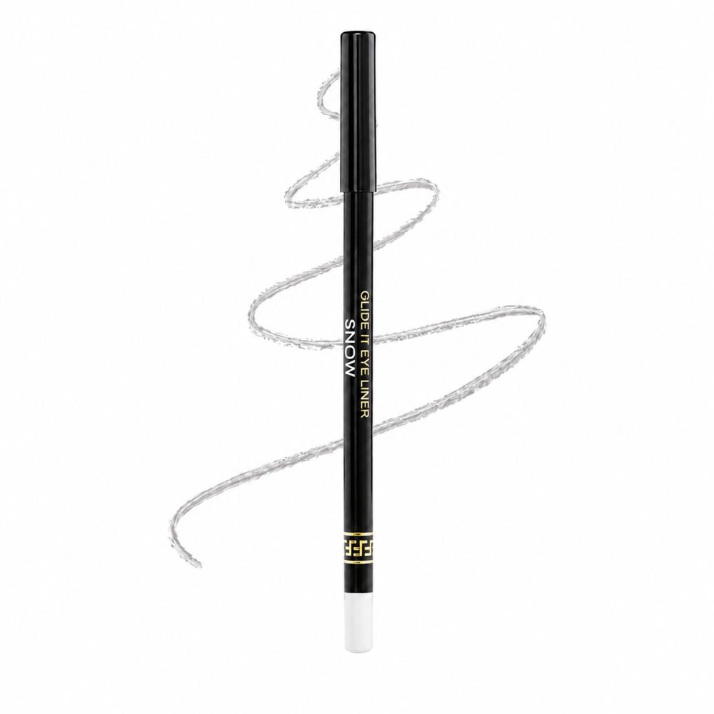 Crayon eye-liner noir avec inscription argentée 'GLIDE IT EYE LINER SNOW'. Pointe blanche et trait argenté.