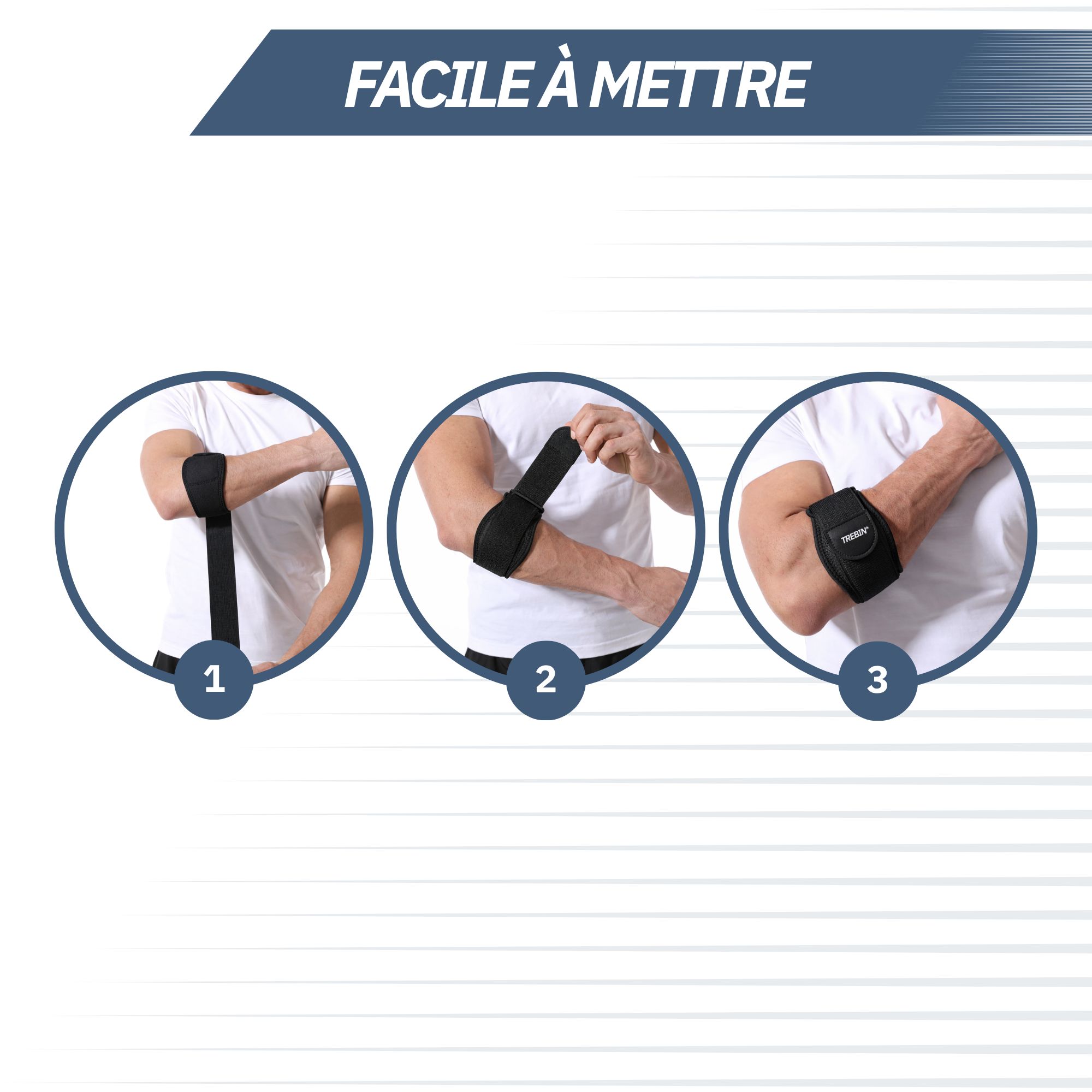 Support de coude noir avec velcro, porté par un homme tenant une raquette de tennis.