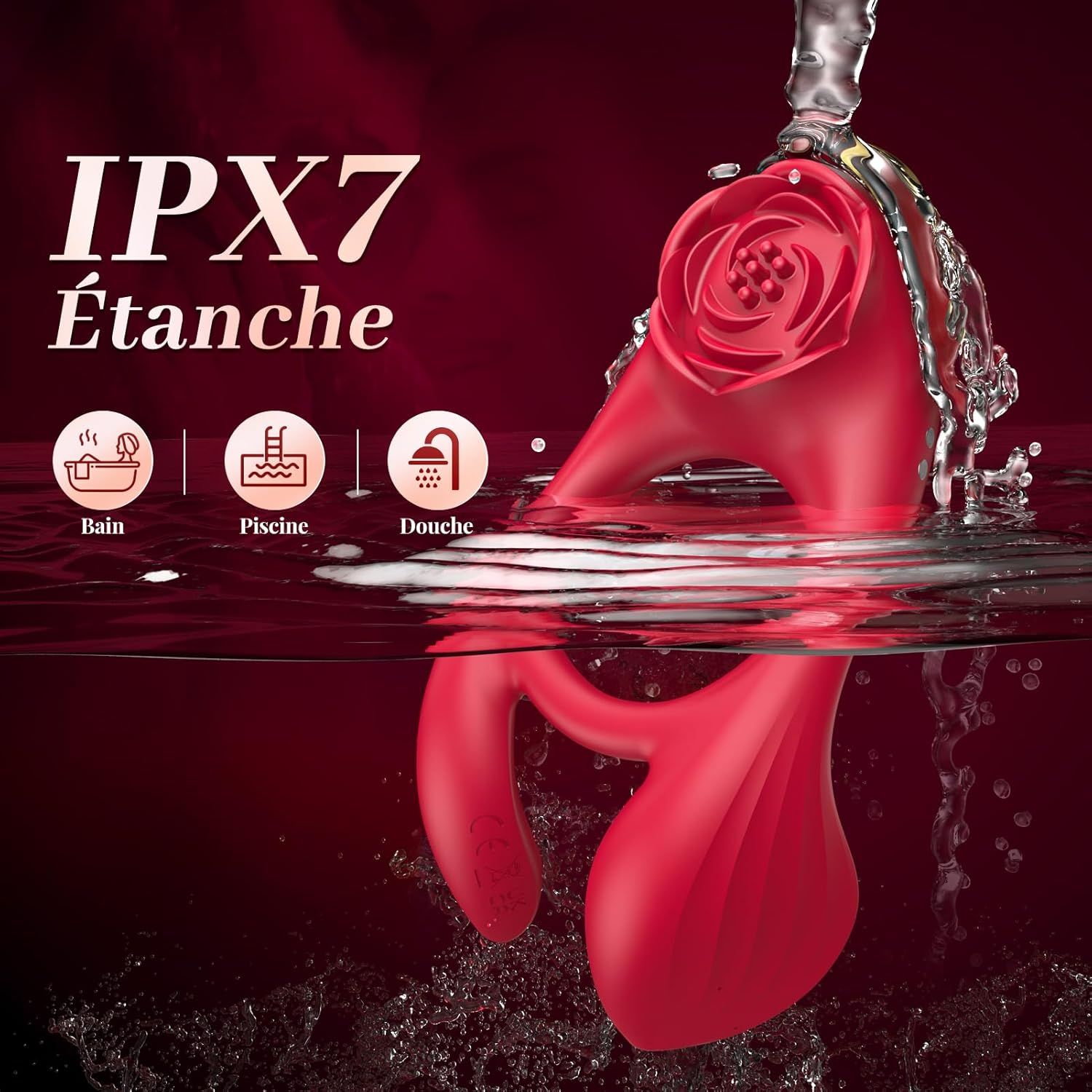 Appareil rouge en forme de rose, étanche IPX7.