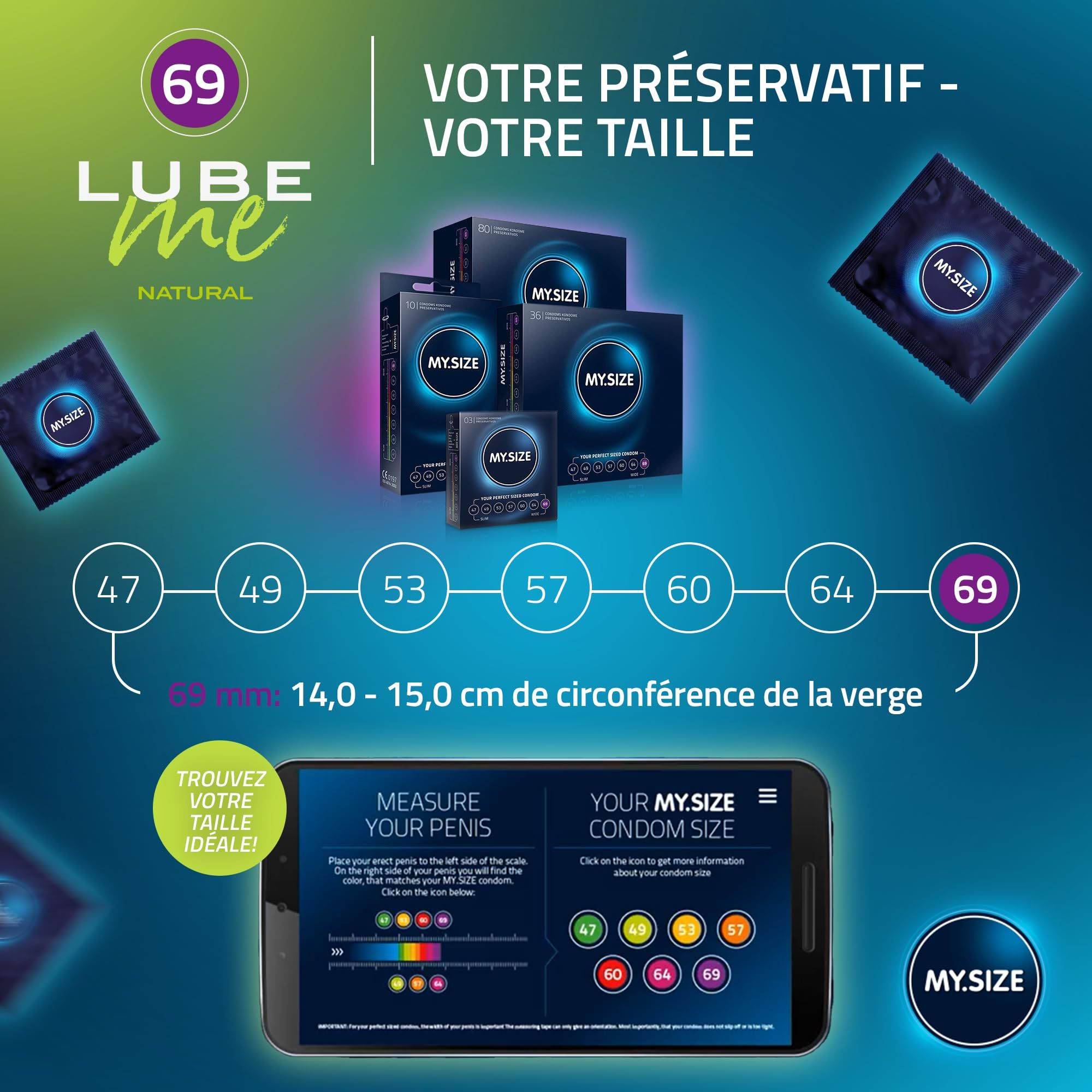 Tailles de préservatifs MY.SIZE de 47 à 69 mm, avec guide des tailles (Français).