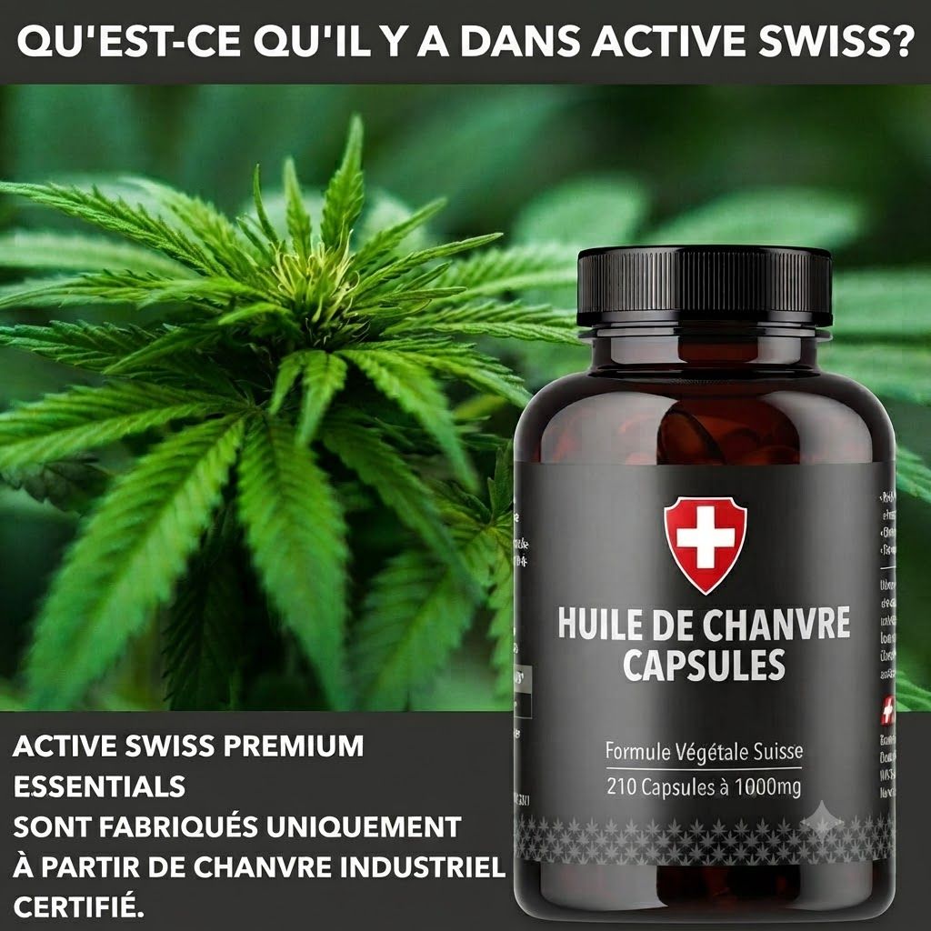 Bouteille brune foncée de 210 capsules d'huile de chanvre de 1000mg. Logo croix suisse.