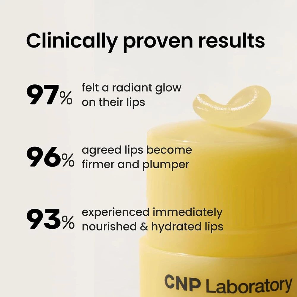Gros plan sur un baume à lèvres jaune. Texte: CNP Laboratory. 97% ont ressenti un éclat radieux sur leurs lèvres.
