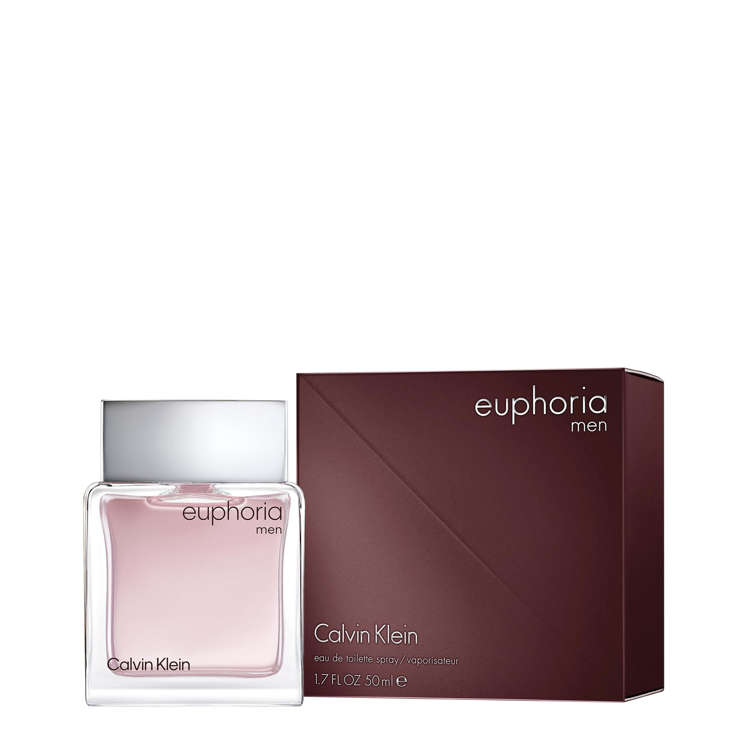 Flacon et emballage Calvin Klein Euphoria Men. Flacon carré, bouchon argenté, emballage marron.