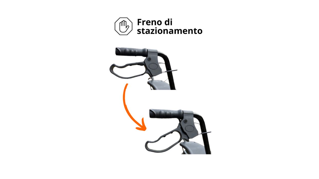 Gros plan sur les freins d'un déambulateur. Poignées noires avec leviers de frein. Symbole de frein de stationnement.