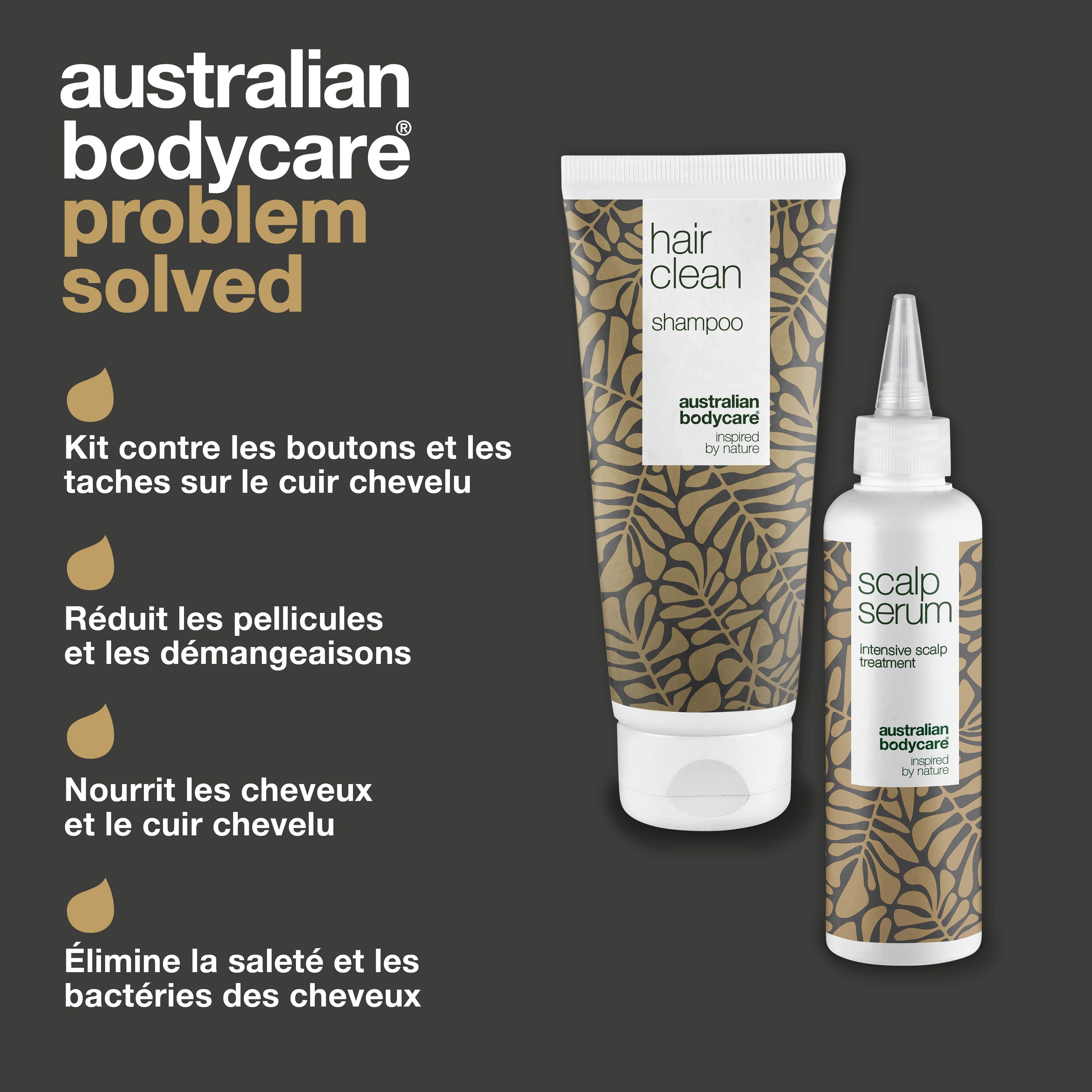 Problème résolu : combat les boutons, réduit les pellicules, nourrit les cheveux et le cuir chevelu. Produits : shampooing et sérum. Marque : Australian Bodycare.