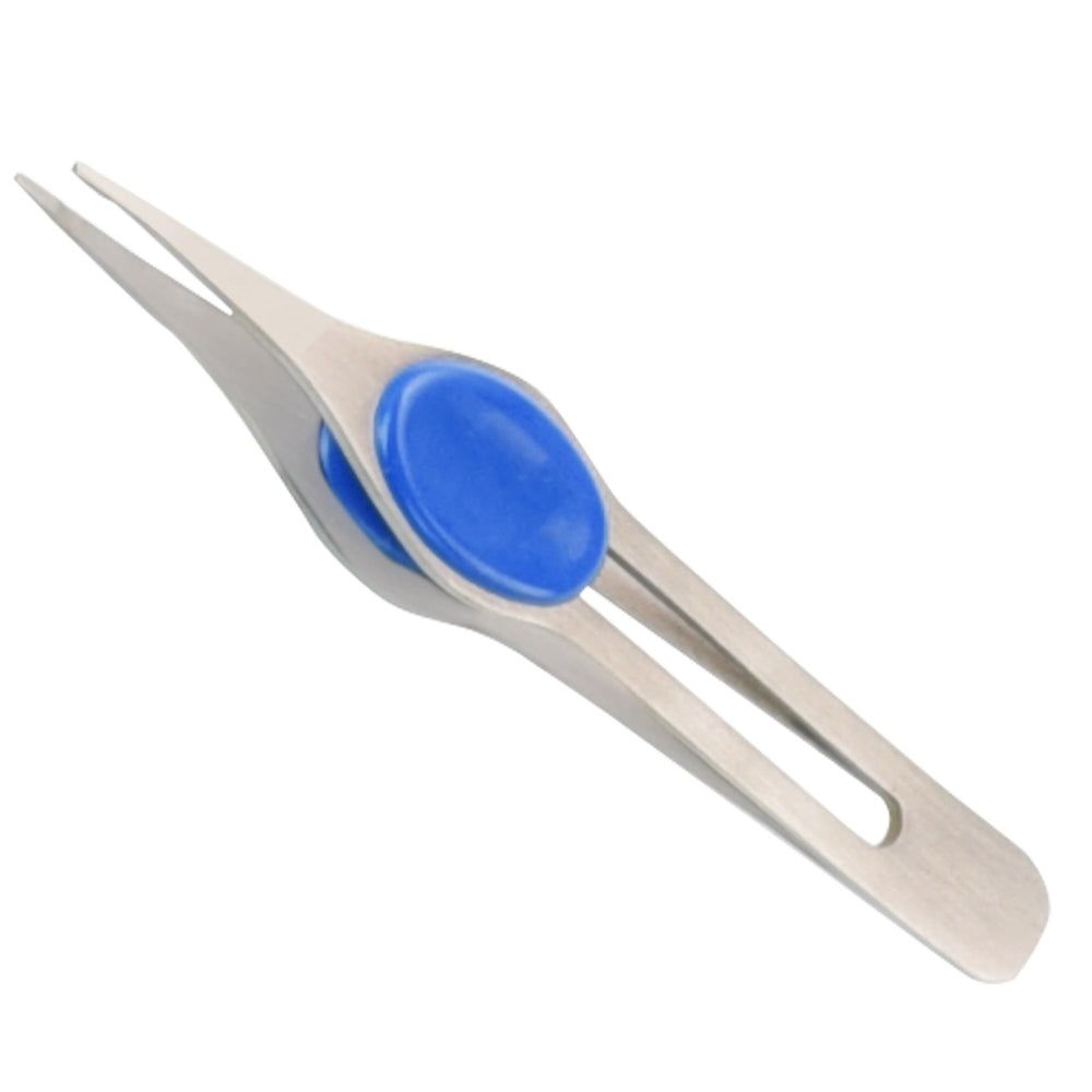 Pincet met spitse punt, metaal, blauw handvat. Voor het grijpen van kleine voorwerpen.