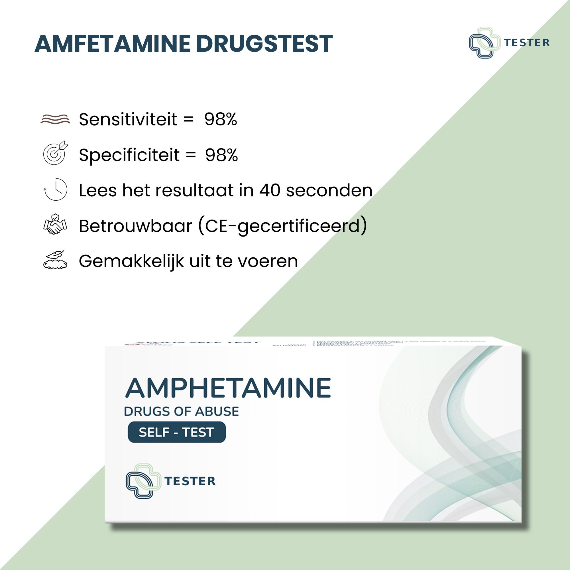 Verpakking van drugstest. "Amphetamine Drugstest" en tekst met symbolen en percentages. CE-gecertificeerd.