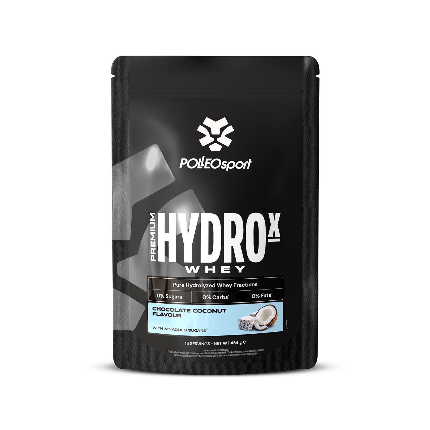 Zwarte zak "HYDROX Whey". Kokosnoot- en chocolade-illustratie. "0% suiker", "0% koolhydraten" en "0% vet" zichtbaar.