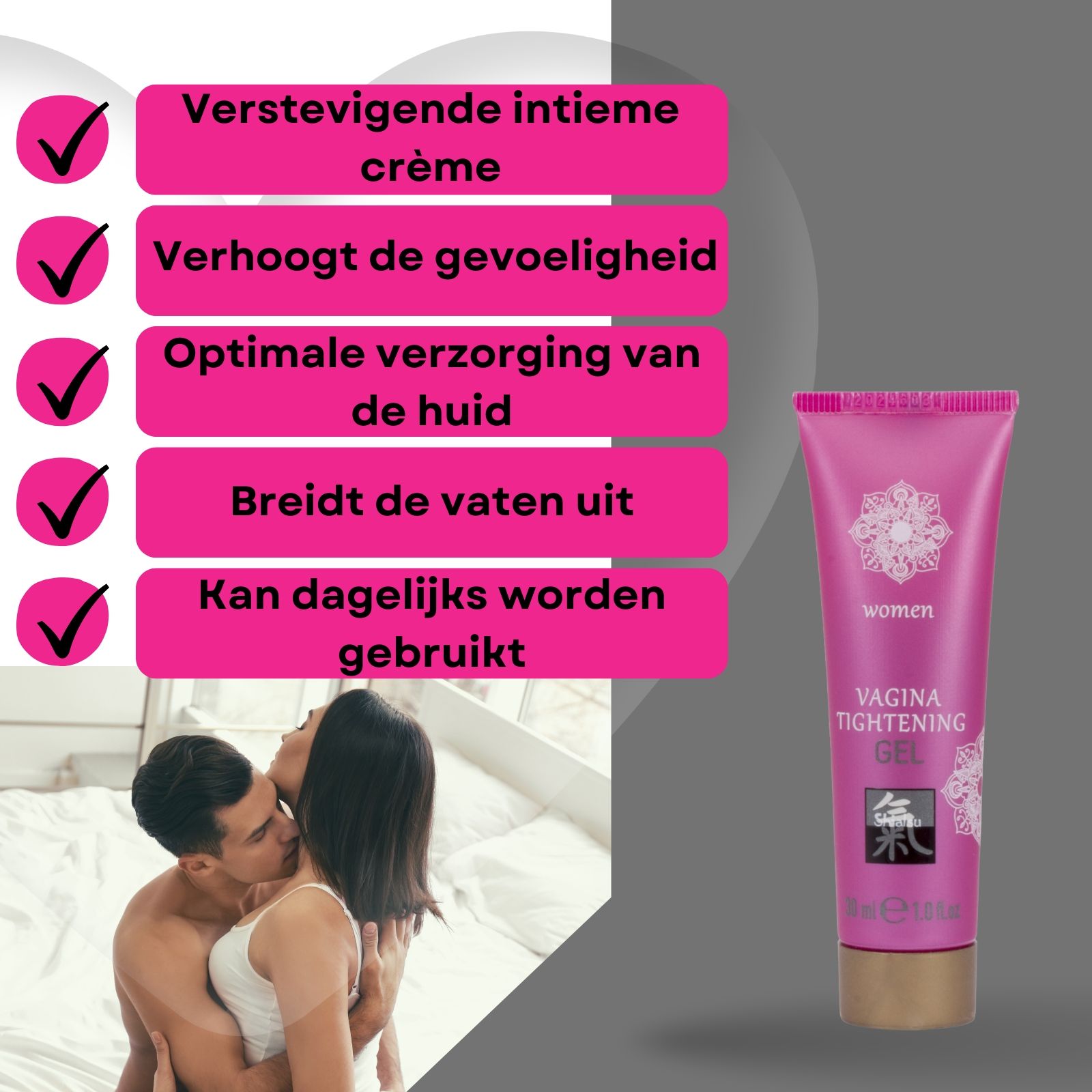 Product en verpakking. Vagina Tightening Gel. Roze tube. Tekst en logo. Achtergrond: paar.