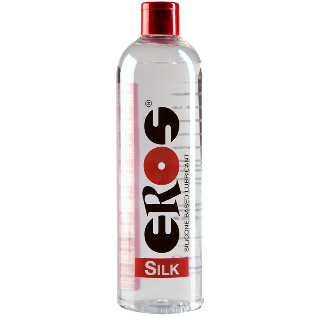 Transparante fles met rode dop. Opschrift: EROS SILK. Siliconen glijmiddel.