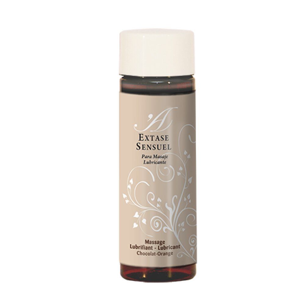 Flacon de lubrifiant Extase Sensuel, Chocolat-Orange. Bouchon clair, étiquette beige à motif floral.