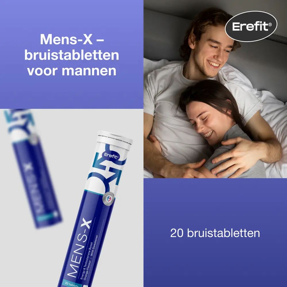 Man en vrouw in bed. Twee tubes MENS-X. Tekst: Bruistabletten voor mannen. Merk: Erefit.