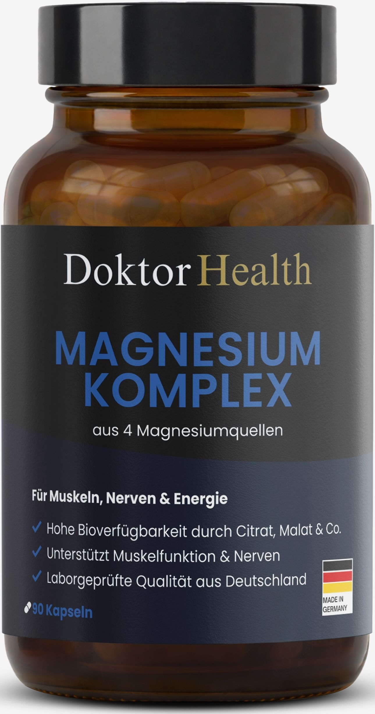 Flacon brun Doktor Health Magnesium Komplex. Inscription: Magnesium Komplex, de 4 sources de magnésium. Pour les muscles, les nerfs et l'énergie. 90 gélules.