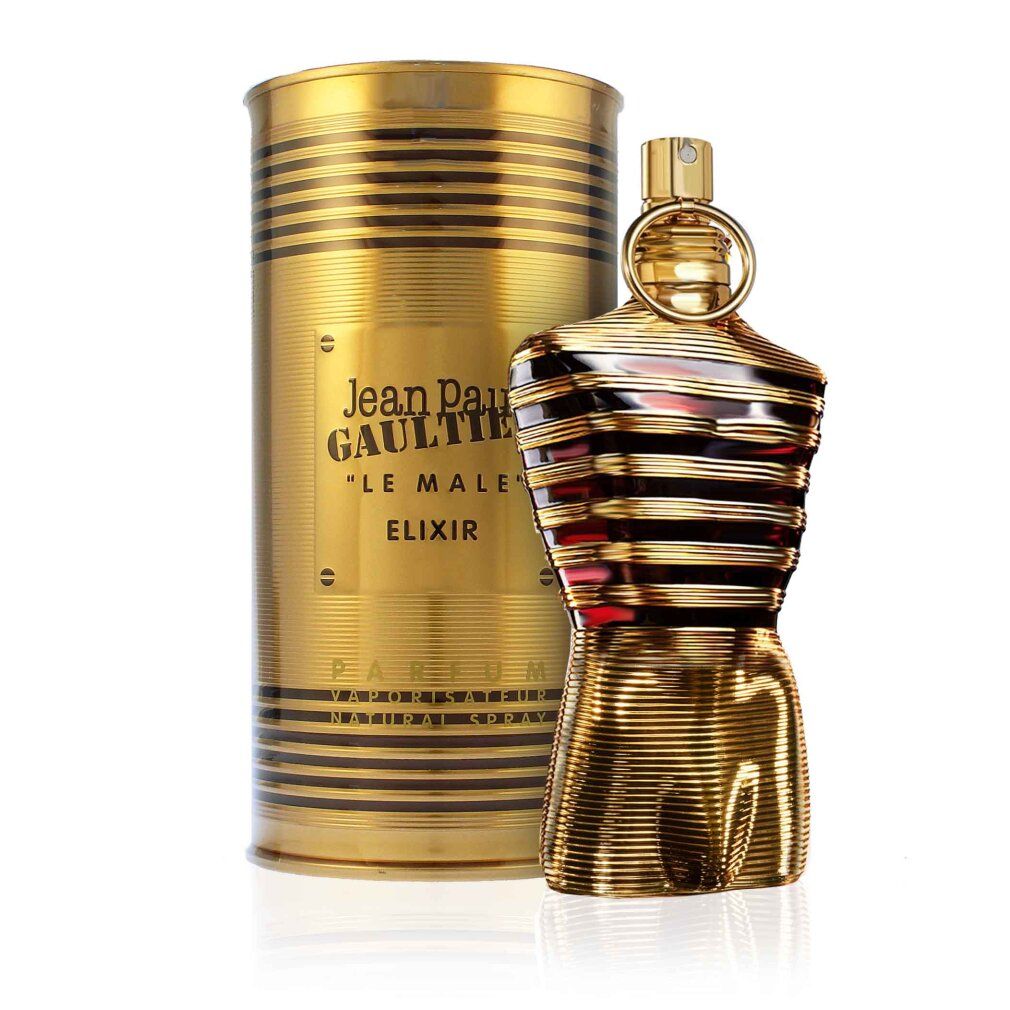 Gouden torso-vormige fles naast gouden doos. "Jean Paul Gaultier LE MALE ELIXIR" op de doos.