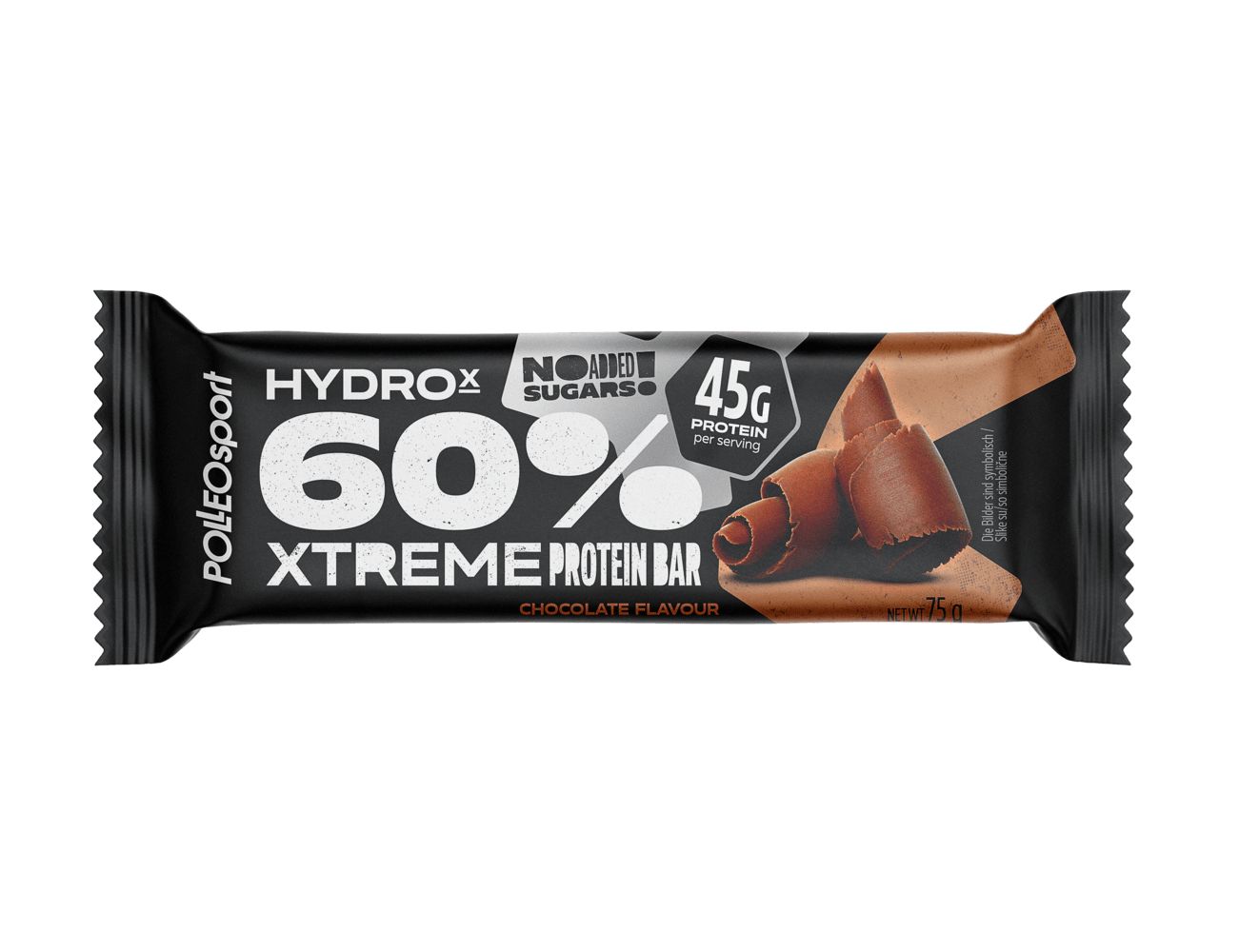 Emballage individuel de barre protéinée. Inscription: HydroX 60% Xtreme Protein Bar, logo PolleoSport. Goût chocolat.
