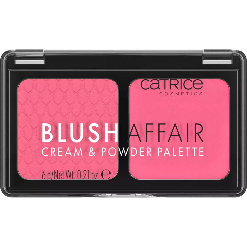 Palette de blush avec deux teintes roses dans un emballage noir. Texte : Blush Affair, Creme & Puder Palette, Catrice.