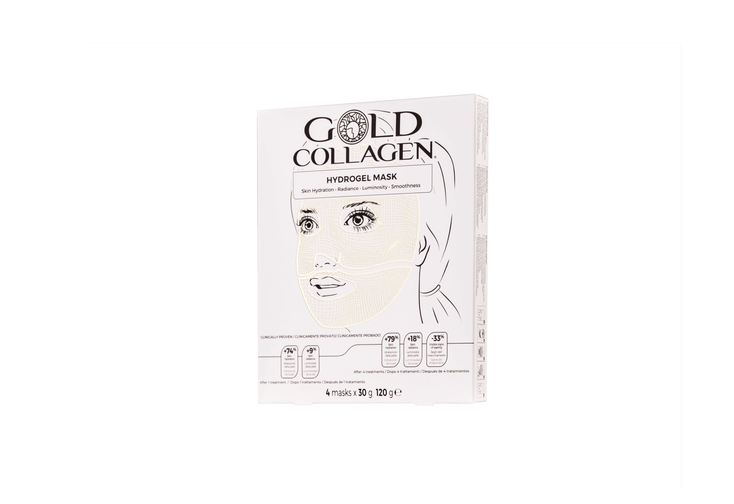 Verpakking Gold Collagen Hydrogel Mask. Witte doos met tekst en gezichtsschets. Tekst: Hydrogel Mask, 4 maskers, 30g.