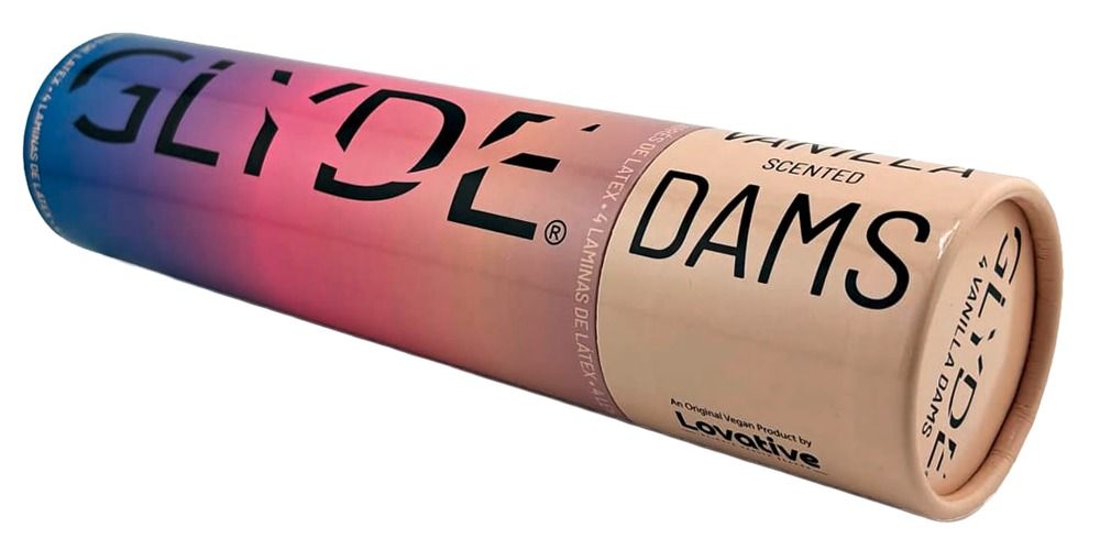 Emballage cylindrique. Inscription: GLYDE DAMS, VANILLA, parfumé. Logo: Lovative. Sur le côté: GLYDE DAMS.